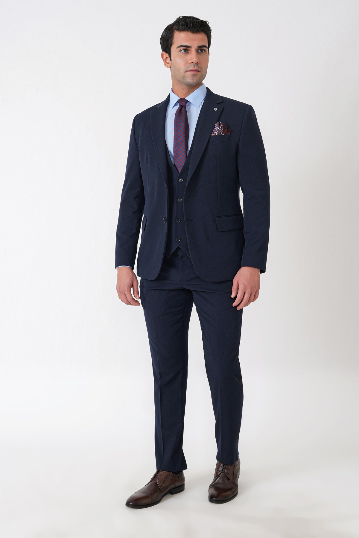 Slim Fit Çift Yırtmaç Esnek Yünlü Lacivert Yelekli Takım Elbise TK 958 