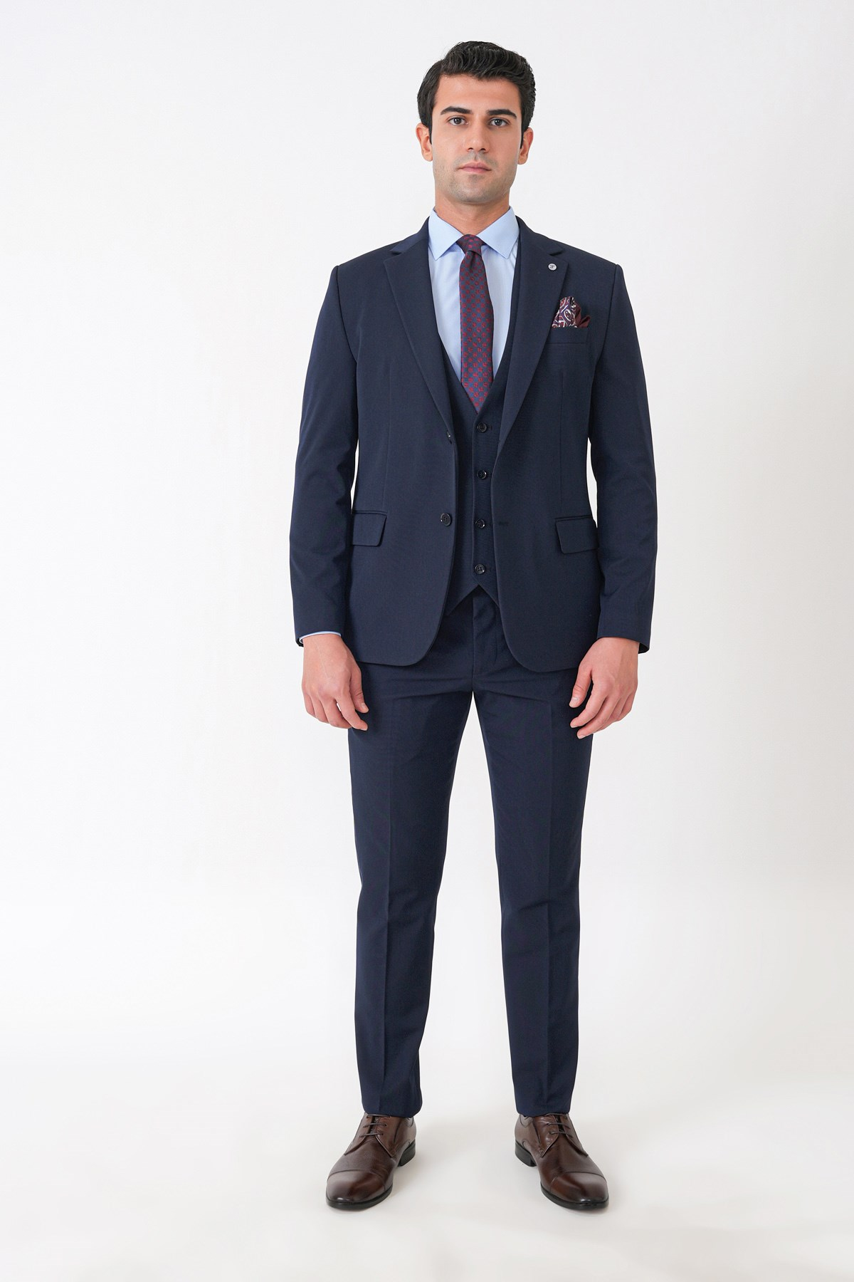 Slim Fit Çift Yırtmaç Esnek Yünlü Lacivert Yelekli Takım Elbise TK 958 
