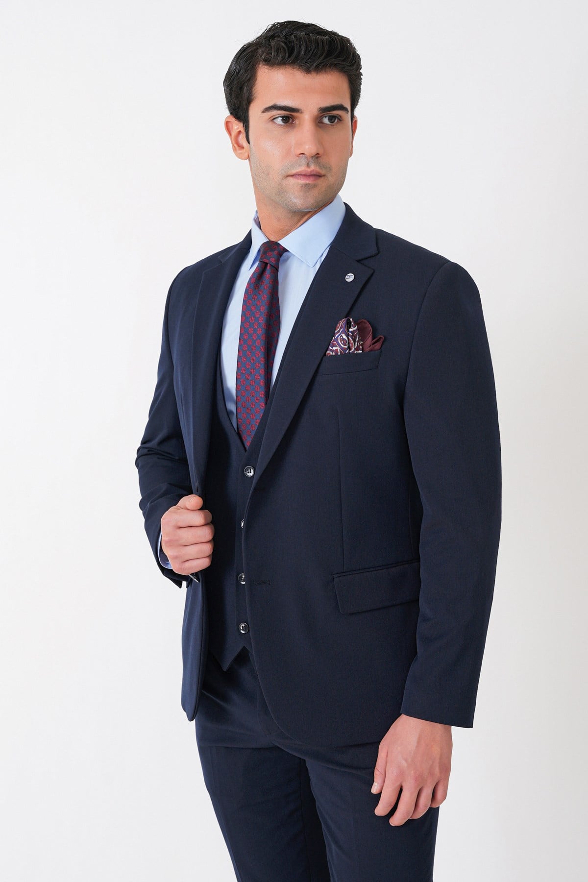 Slim Fit Çift Yırtmaç Esnek Yünlü Lacivert Yelekli Takım Elbise TK 958 