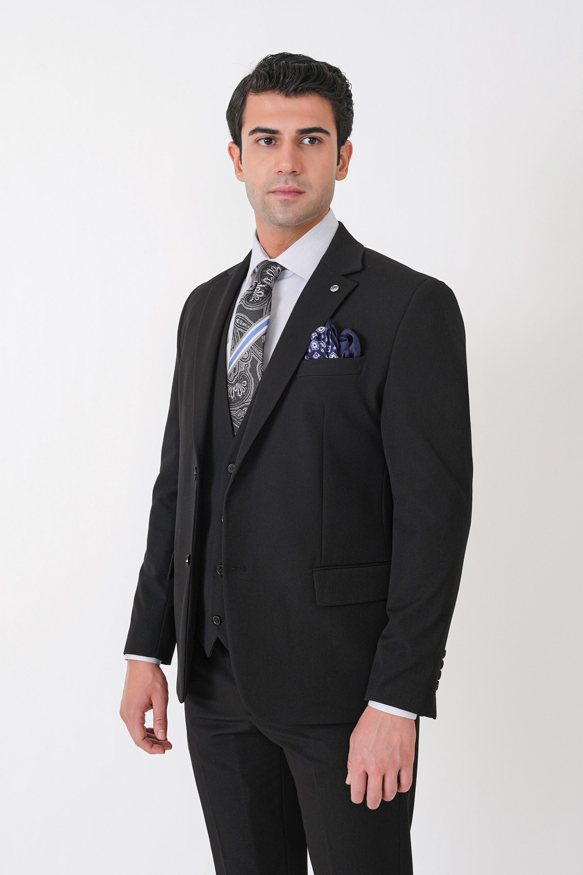 Slim Fit Çift Yırtmaç Esnek Yünlü Siyah Yelekli Takım Elbise TK 958 