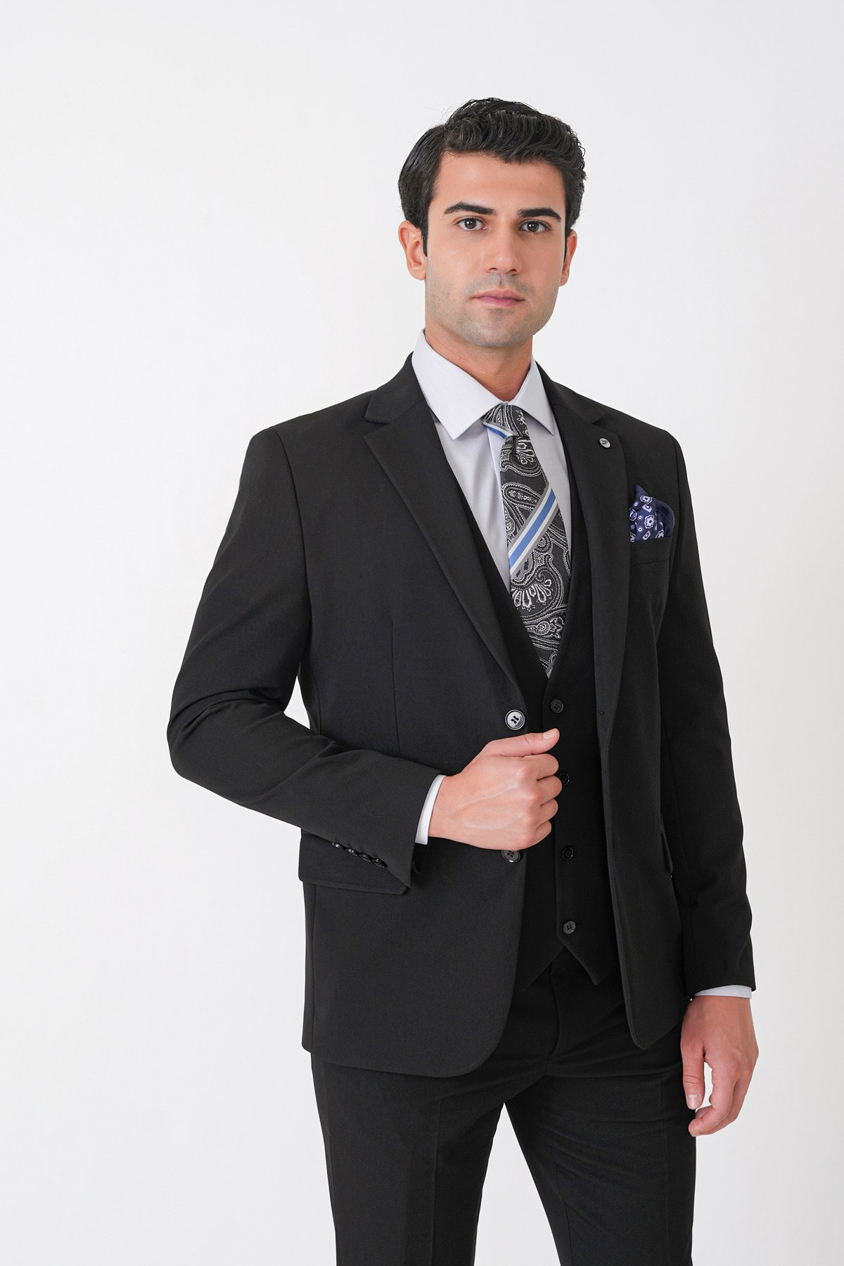 Slim Fit Çift Yırtmaç Esnek Yünlü Siyah Yelekli Takım Elbise TK 958 