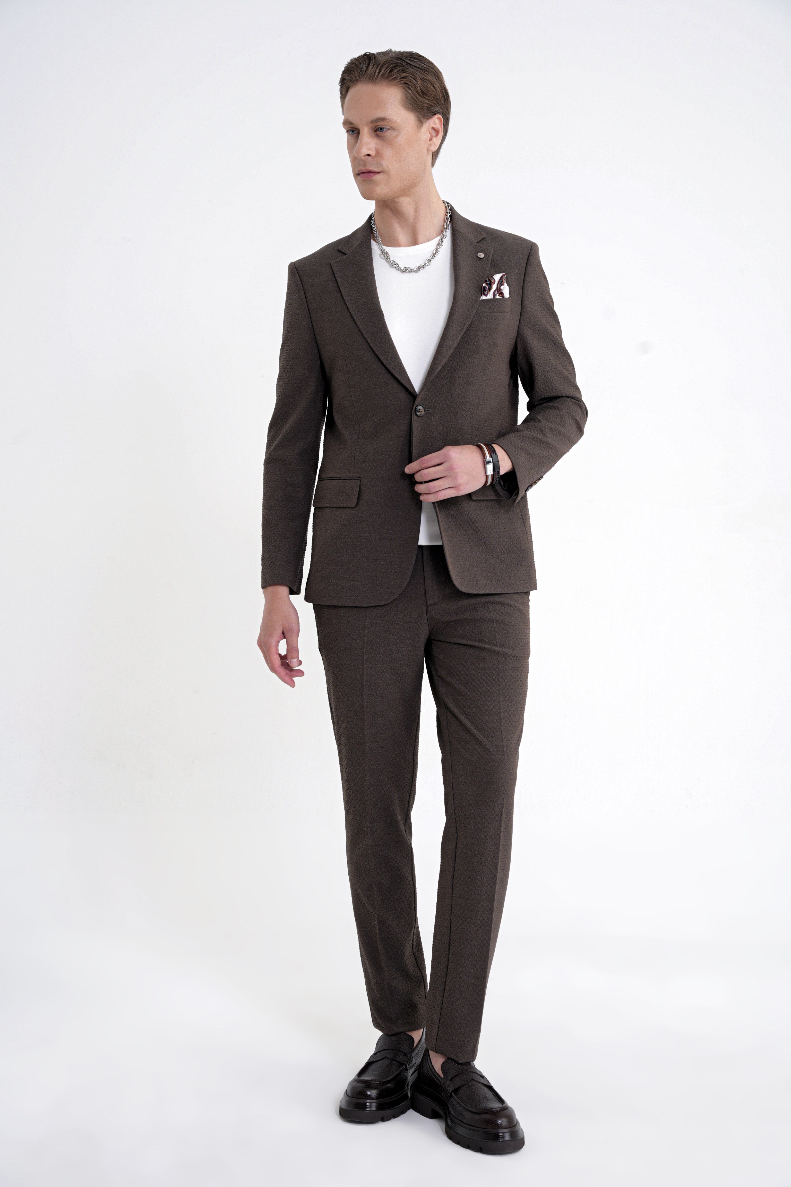 Slim Fit Çift Yırtmaç Gofre Kumaş Esnek Kahverengi Spor Takım Elbise TK 940