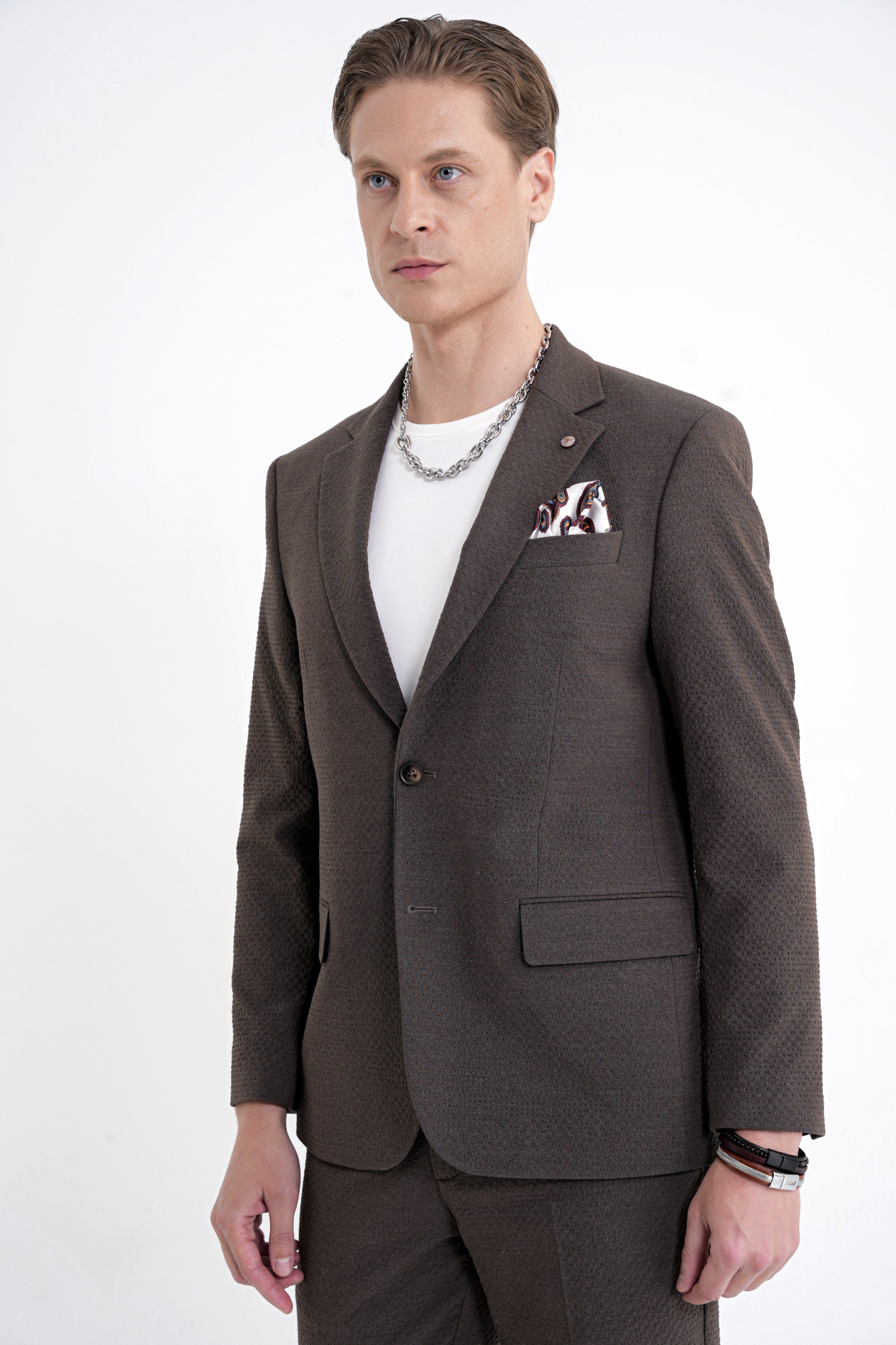 Slim Fit Çift Yırtmaç Gofre Kumaş Esnek Kahverengi Spor Takım Elbise TK 940
