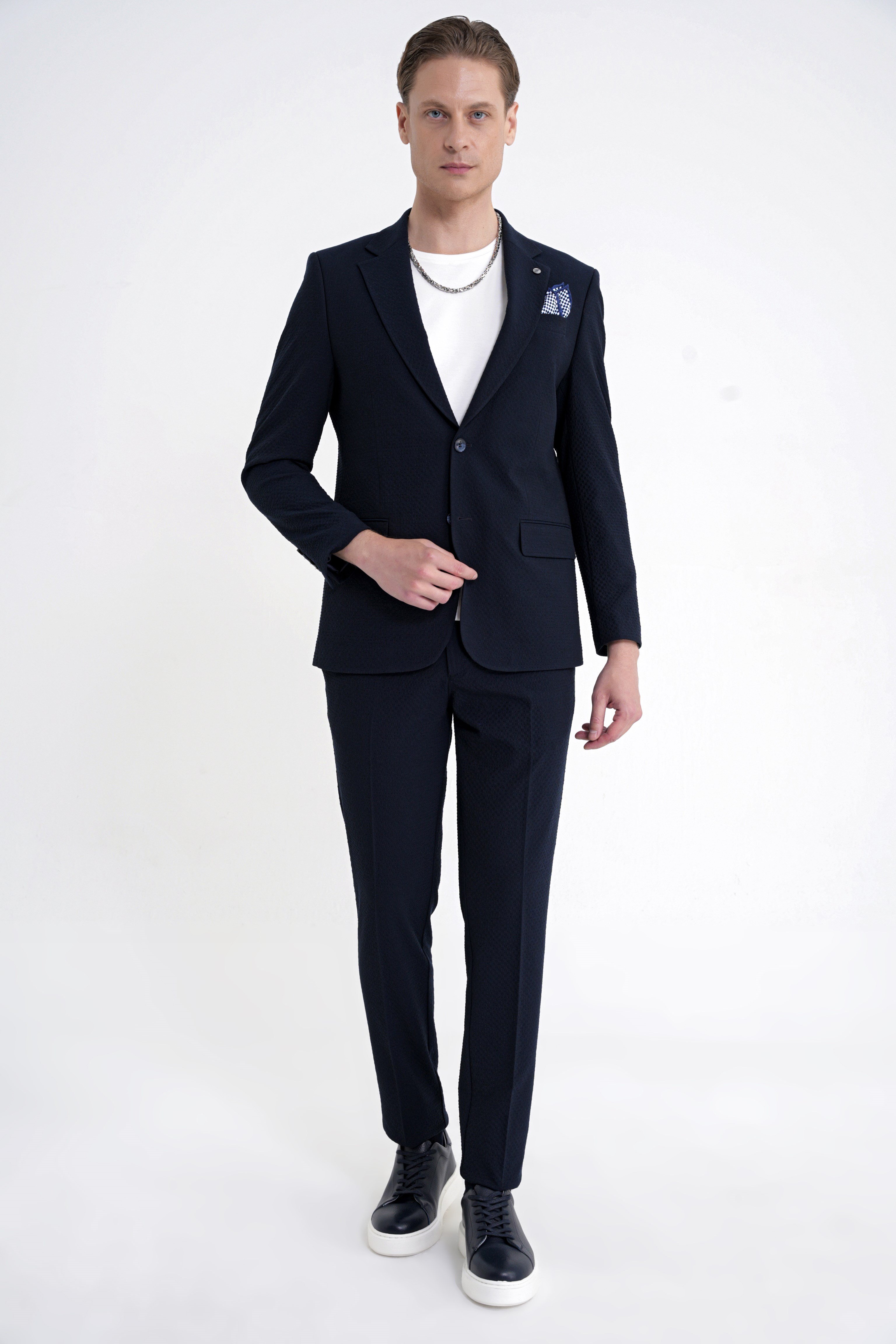 Slim Fit Çift Yırtmaç Gofre Kumaş Esnek Lacivert Spor Takım Elbise TK 940