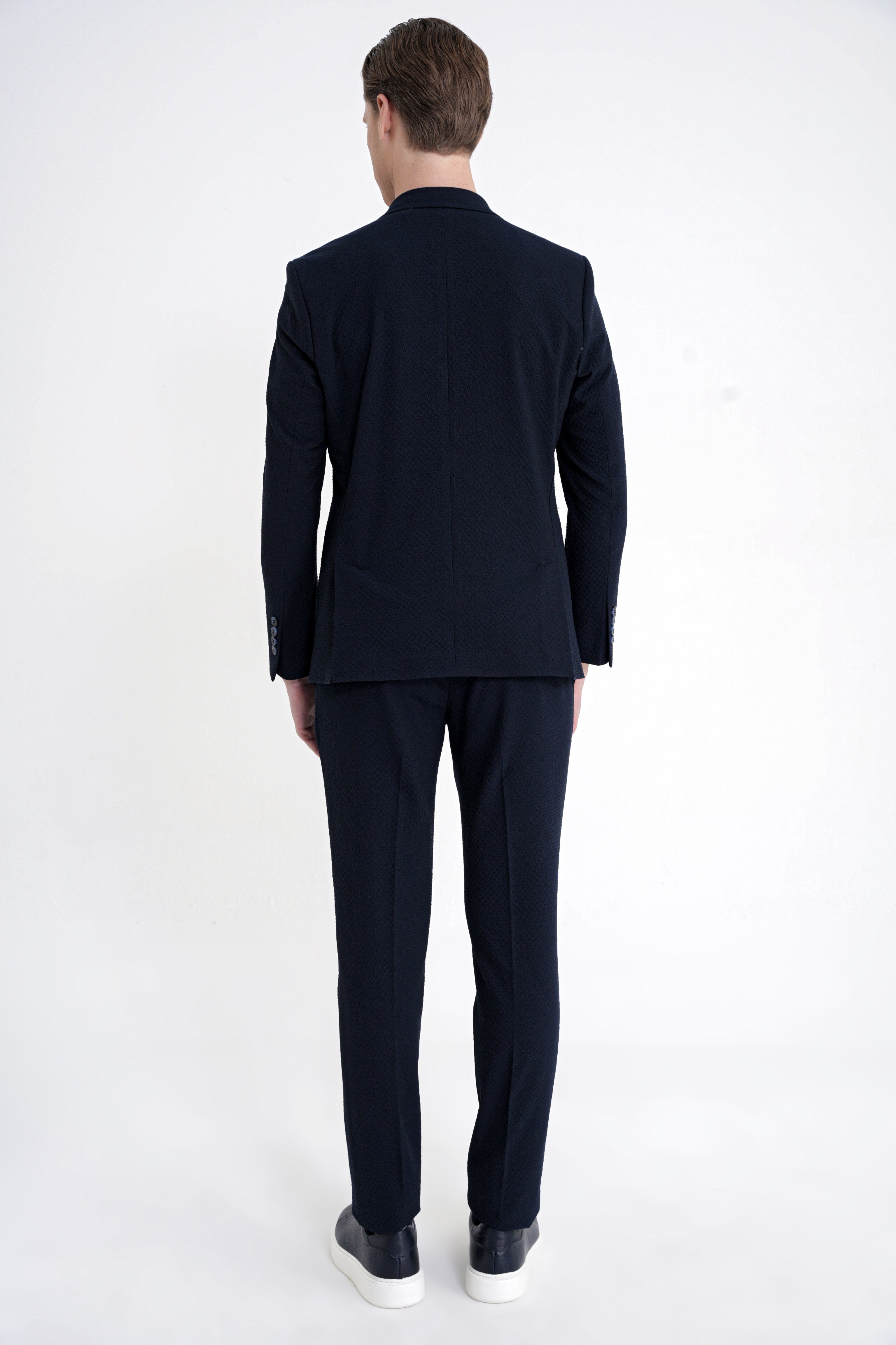 Slim Fit Çift Yırtmaç Gofre Kumaş Esnek Lacivert Spor Takım Elbise TK 940