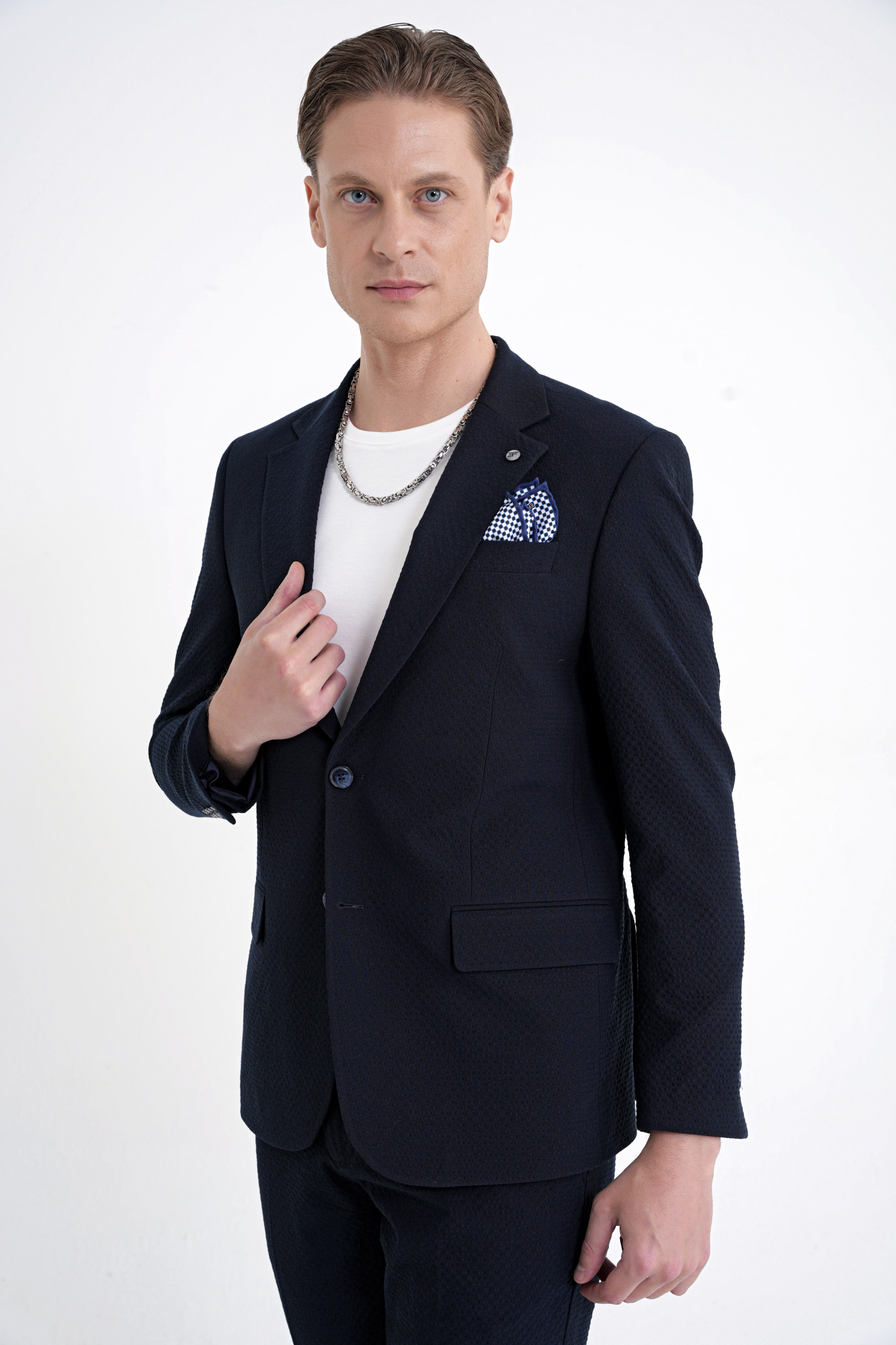 Slim Fit Çift Yırtmaç Gofre Kumaş Esnek Lacivert Spor Takım Elbise TK 940