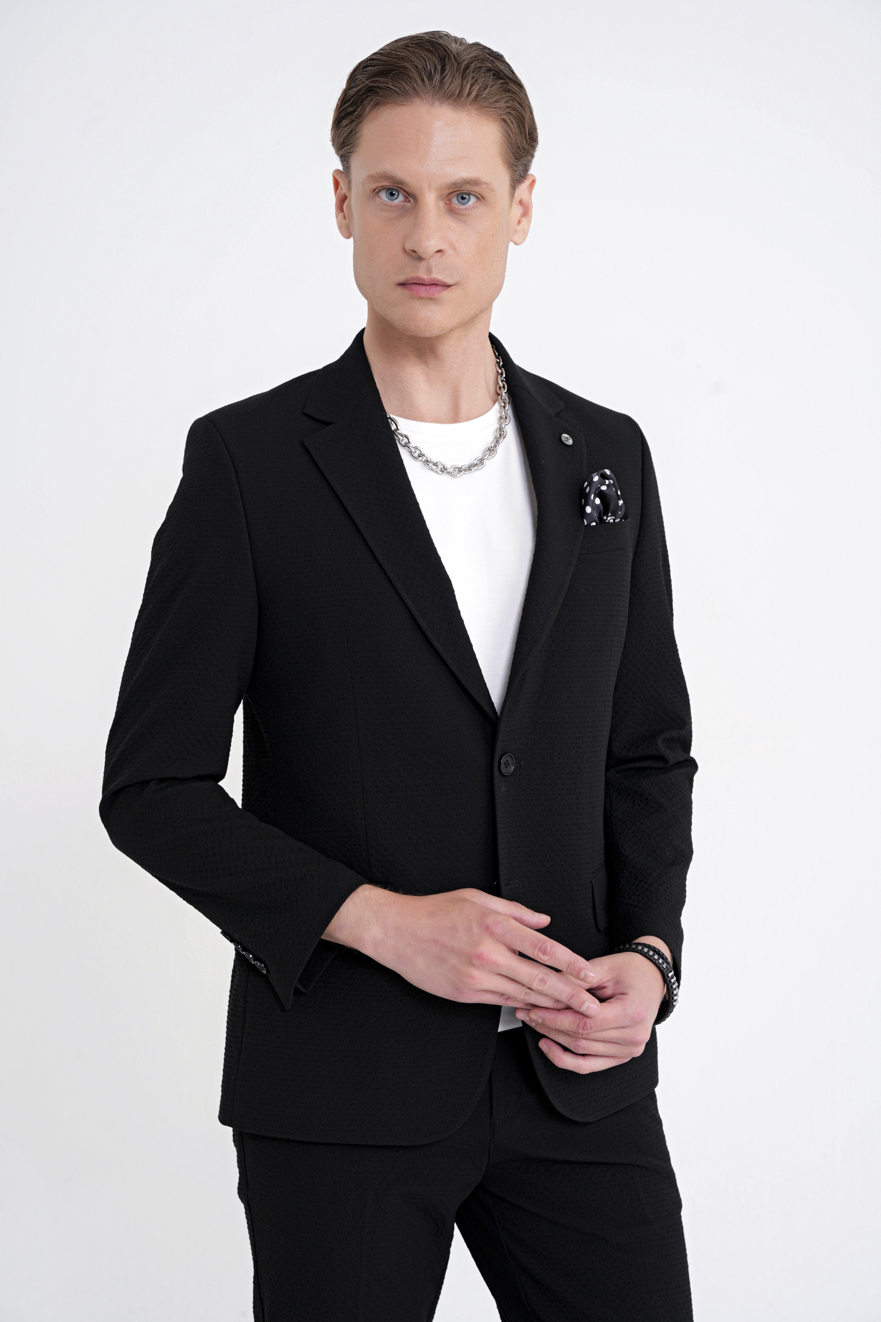 Slim Fit Çift Yırtmaç Gofre Kumaş Esnek Siyah Spor Takım Elbise TK 940