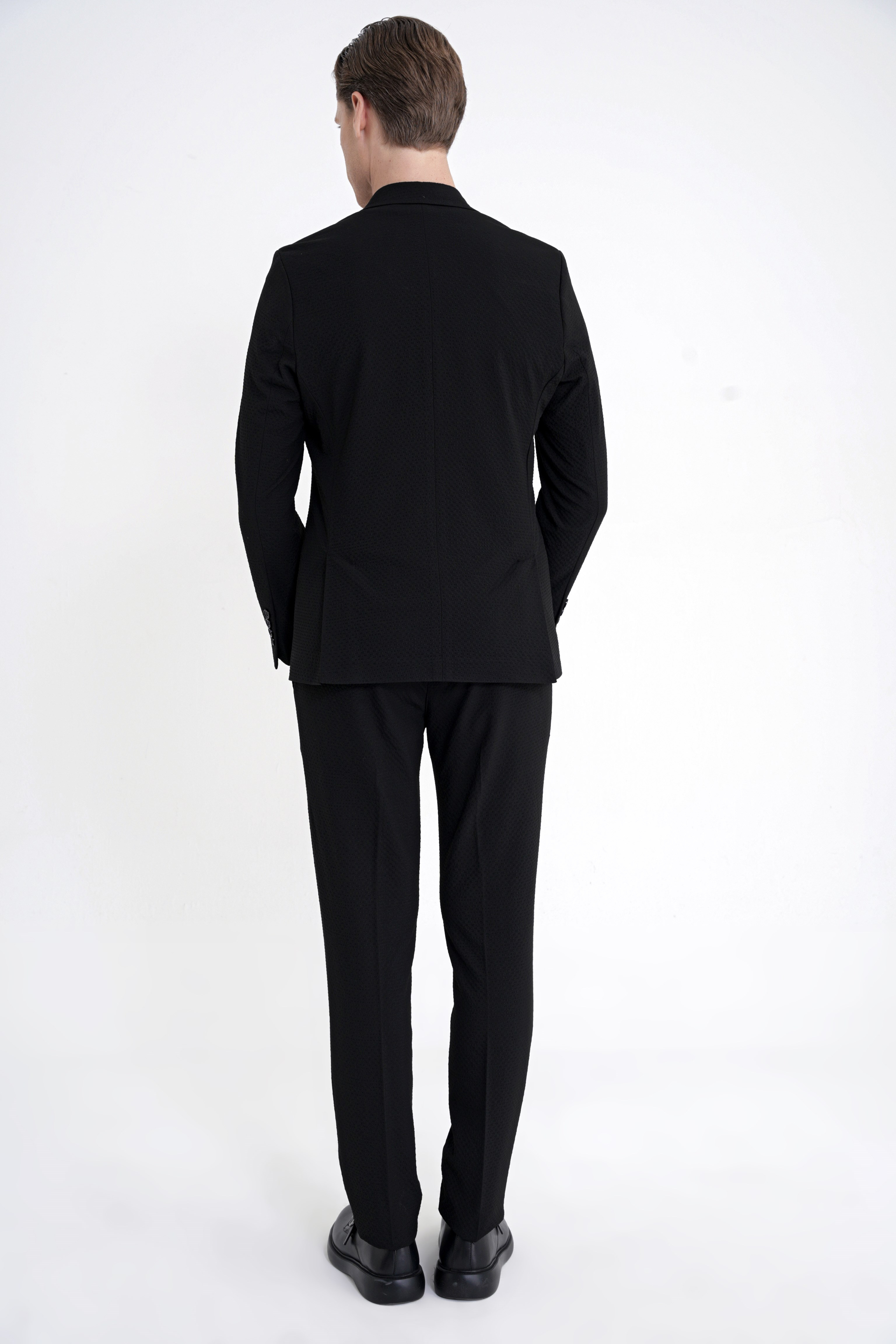 Slim Fit Çift Yırtmaç Gofre Kumaş Esnek Siyah Spor Takım Elbise TK 940