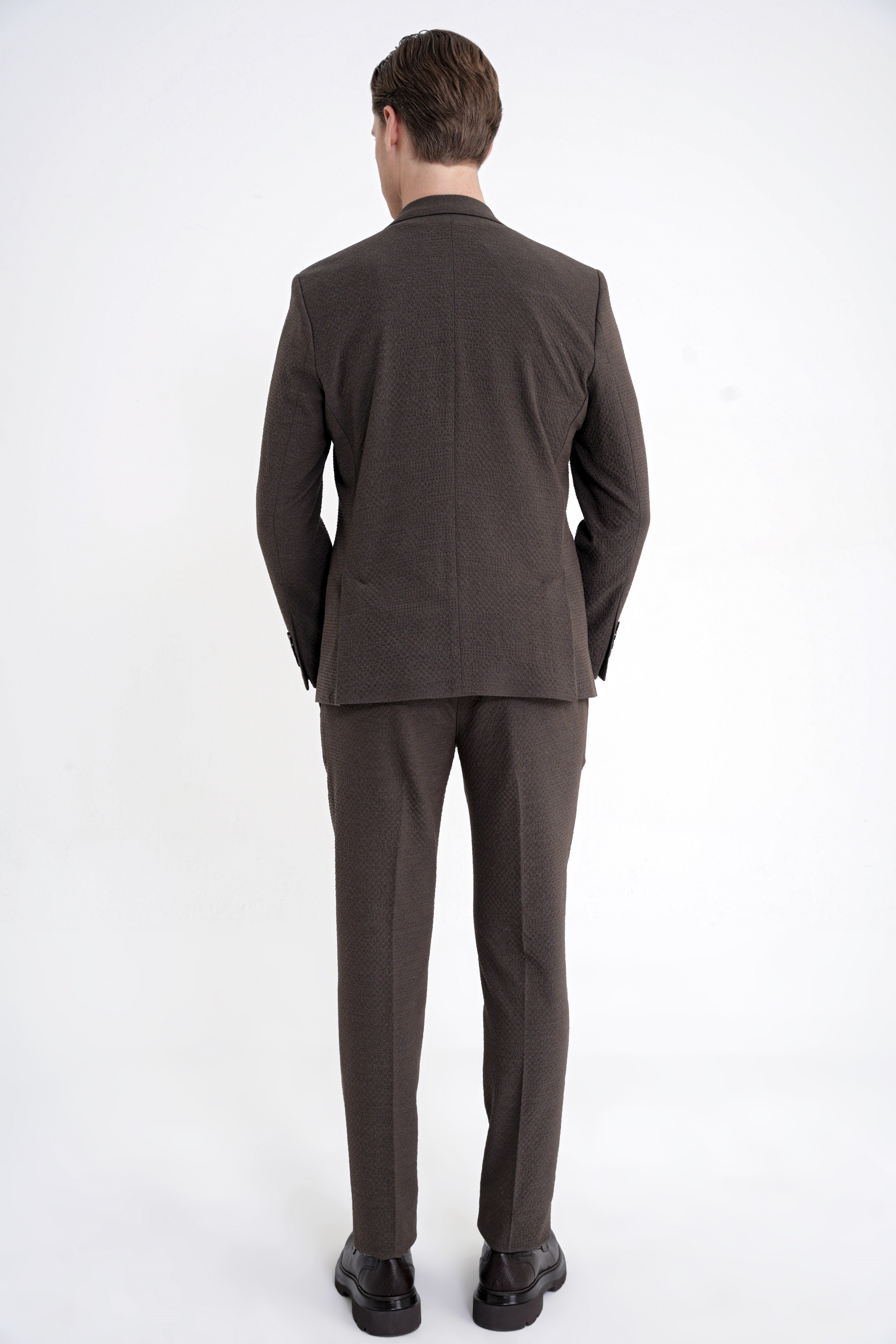 Slim Fit Çift Yırtmaç Gofre Kumaş Esnek Kahverengi Spor Takım Elbise TK 940