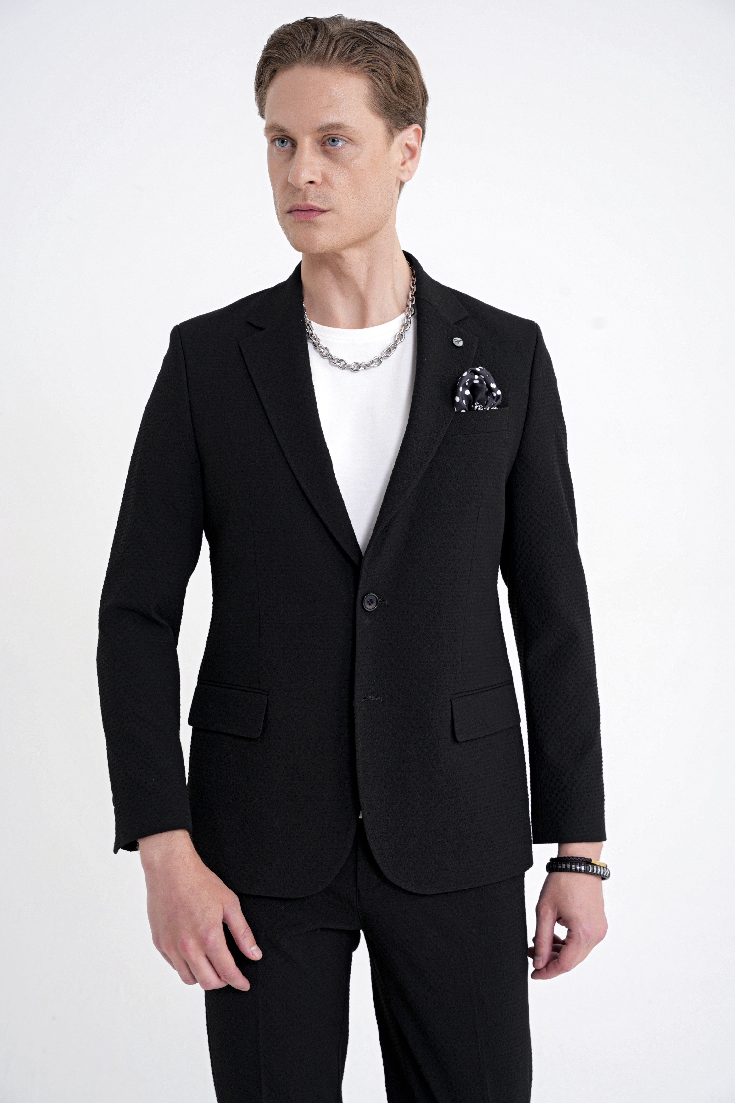 Slim Fit Çift Yırtmaç Gofre Kumaş Esnek Siyah Spor Takım Elbise TK 940