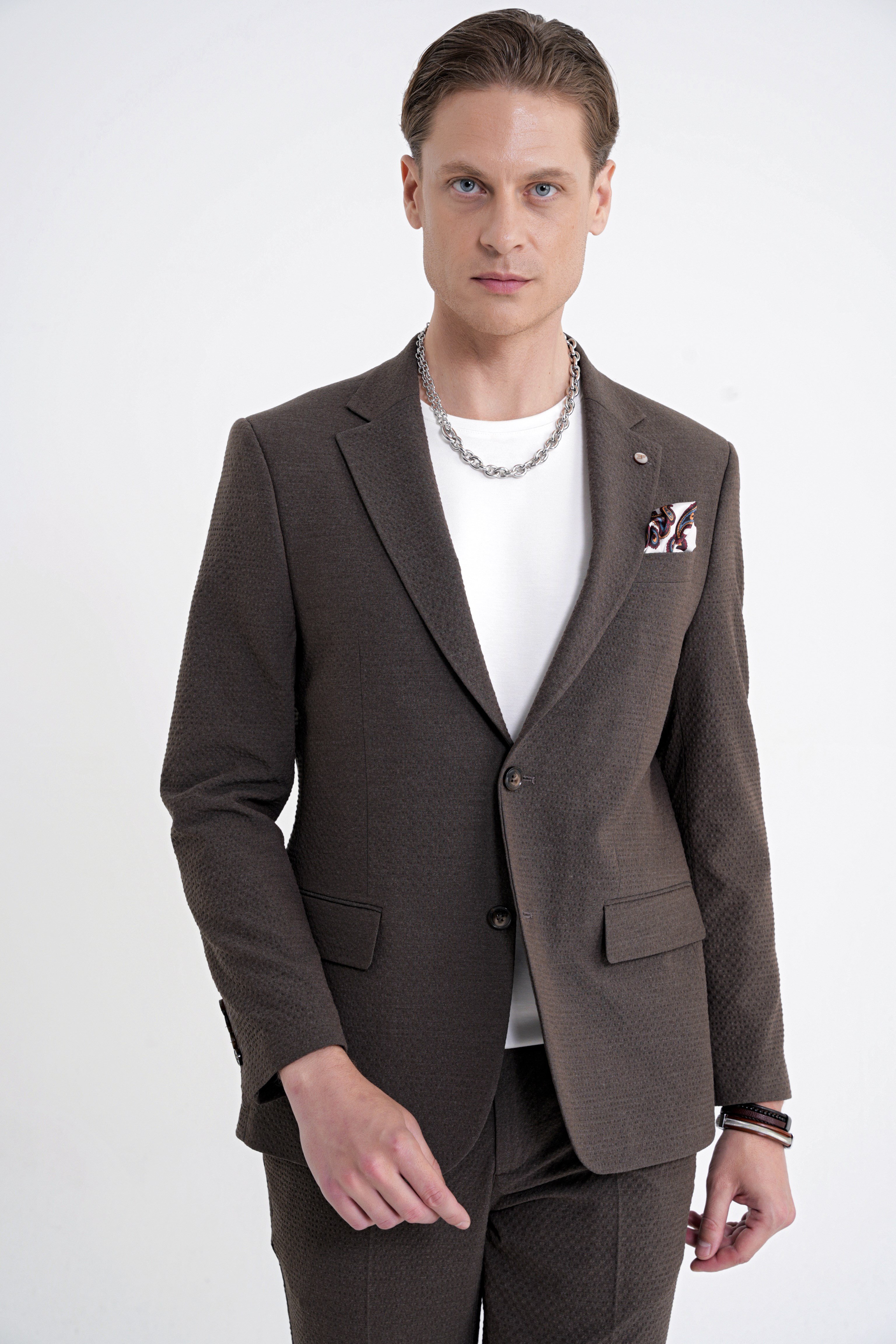 Slim Fit Çift Yırtmaç Gofre Kumaş Esnek Kahverengi Spor Takım Elbise TK 940