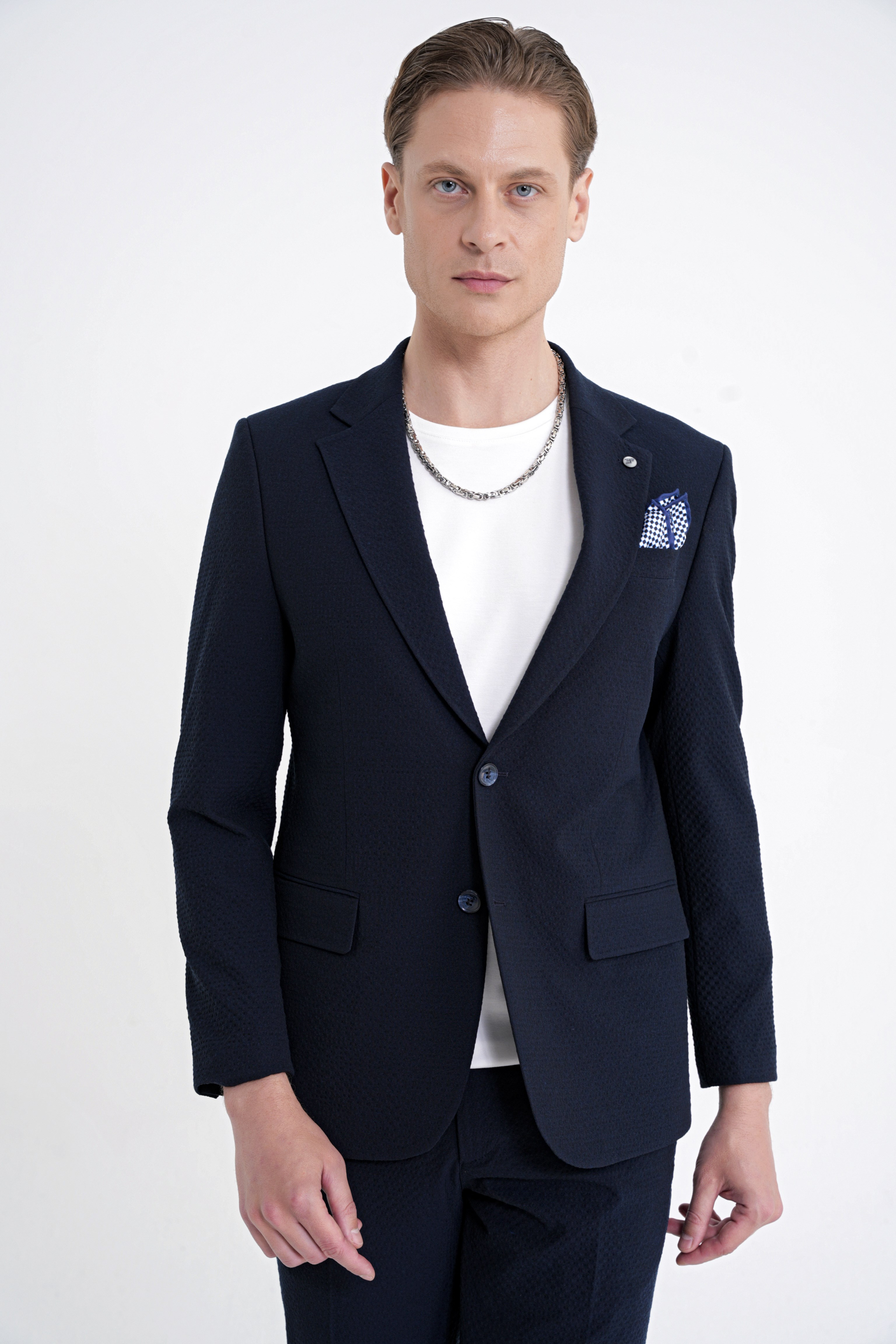 Slim Fit Çift Yırtmaç Gofre Kumaş Esnek Lacivert Spor Takım Elbise TK 940