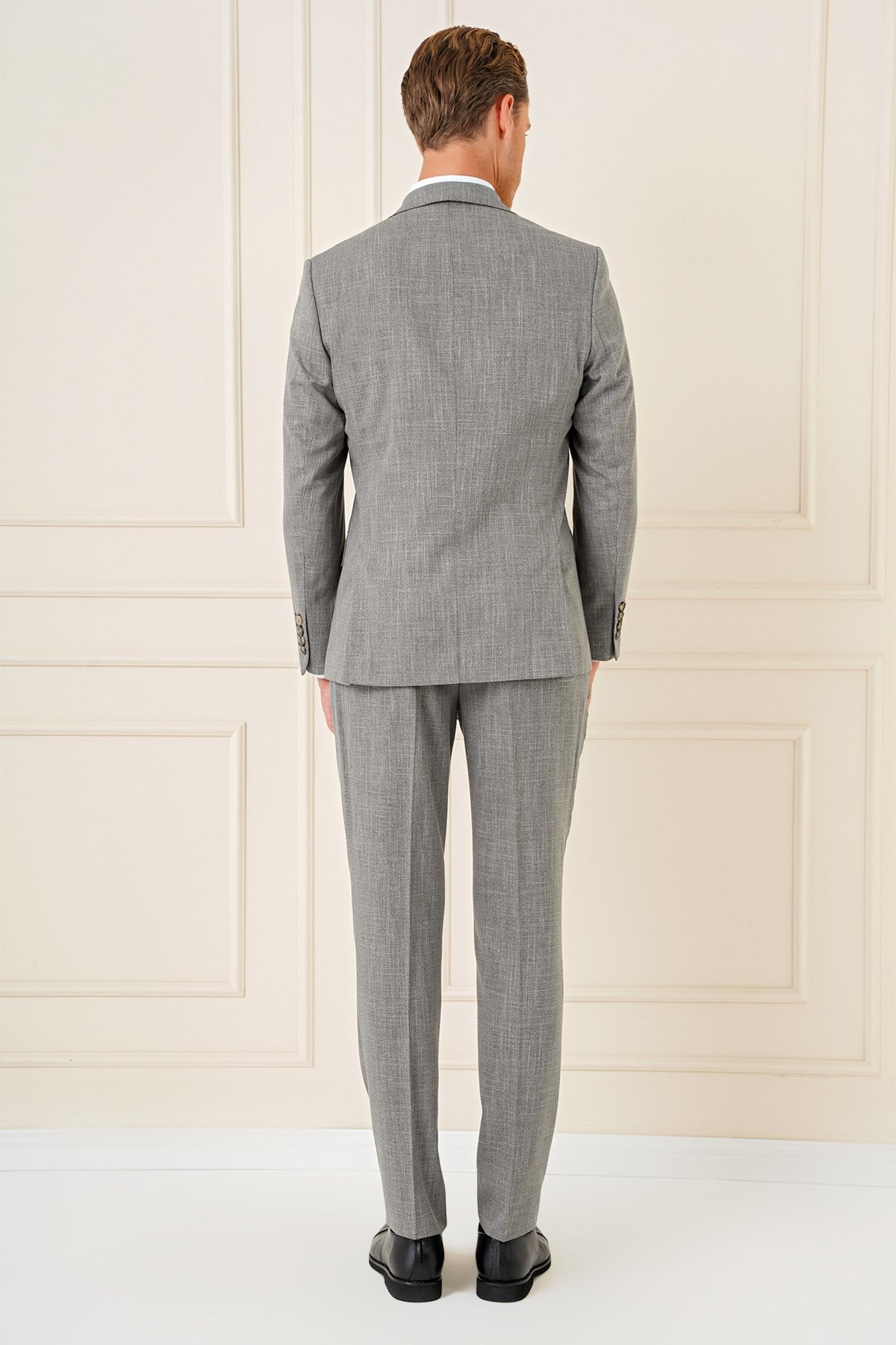 Slim Fit Çift Yırtmaç Kırçıllı Dokuma Haki Yelekli Takım Elbise TK 902