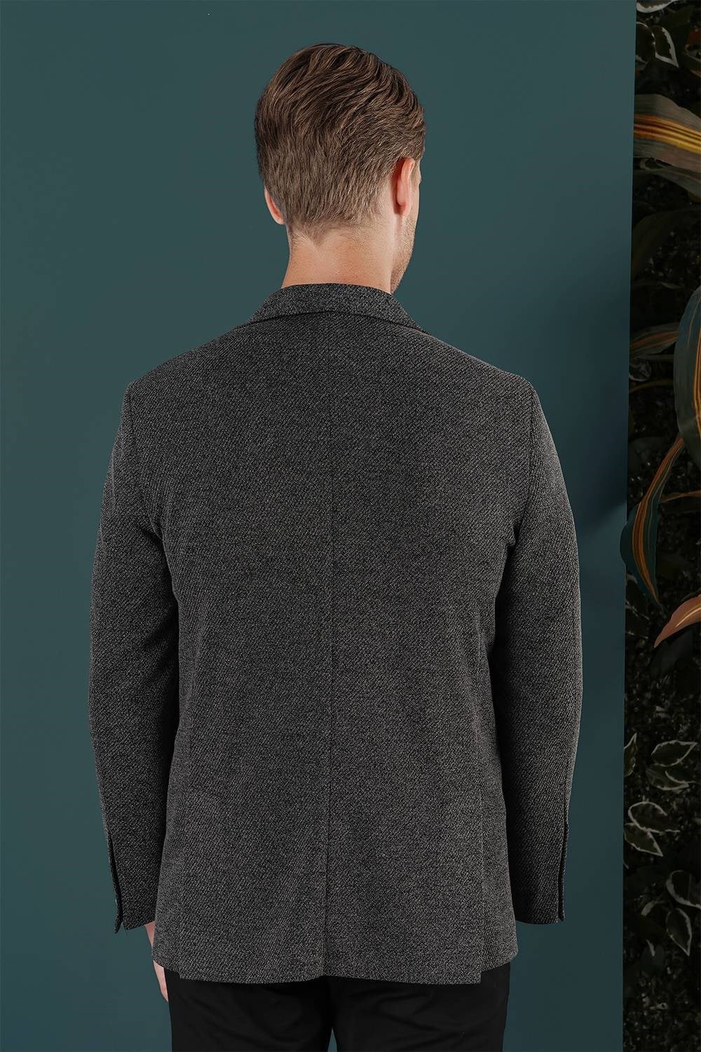 Slim Fit Çift Yırtmaç Kırçıllı Dokuma Esnek Yünlü Siyah Ceket C 653