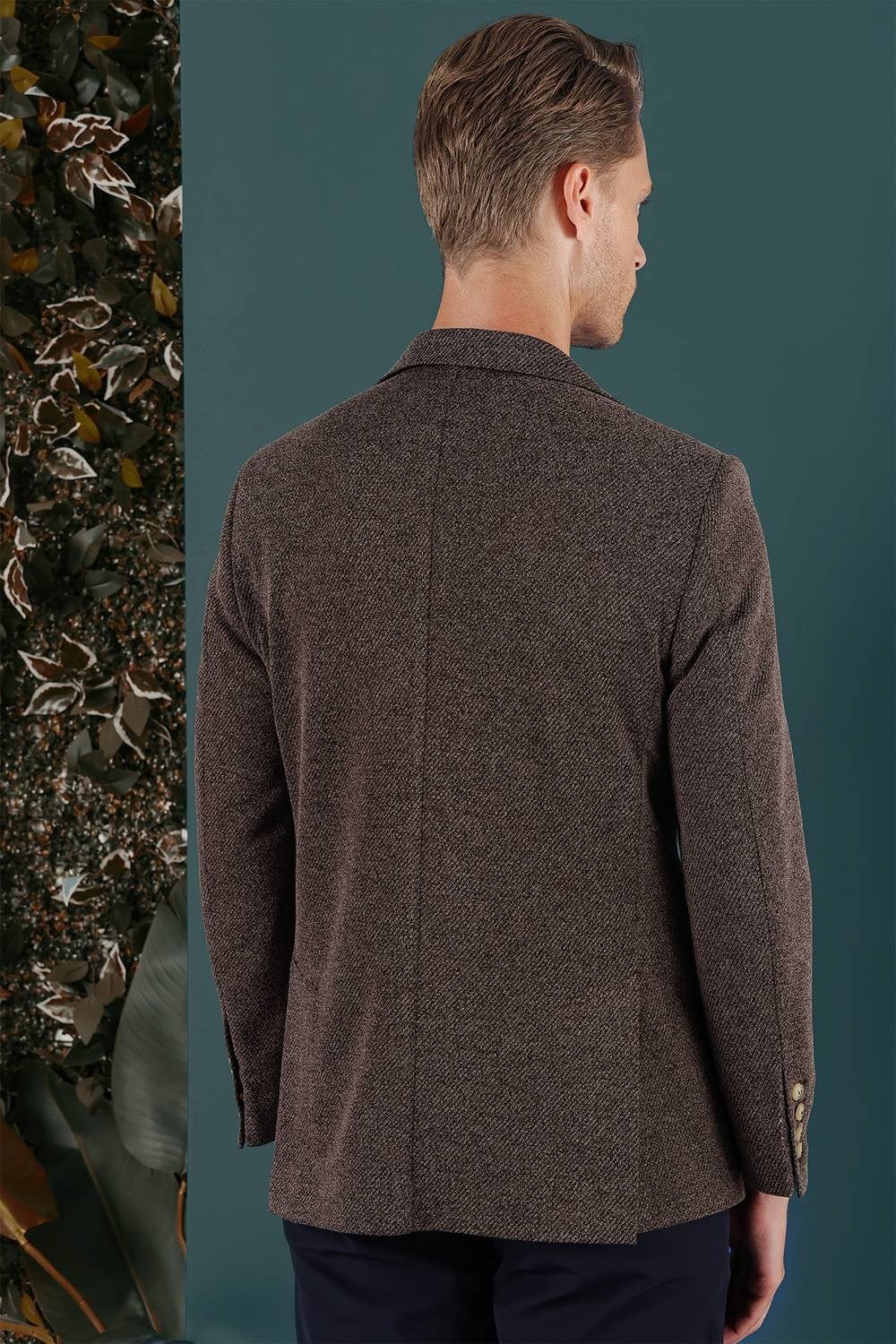 Slim Fit Çift Yırtmaç Kırçıllı Dokuma Esnek Yünlü Kahverengi Ceket C 653