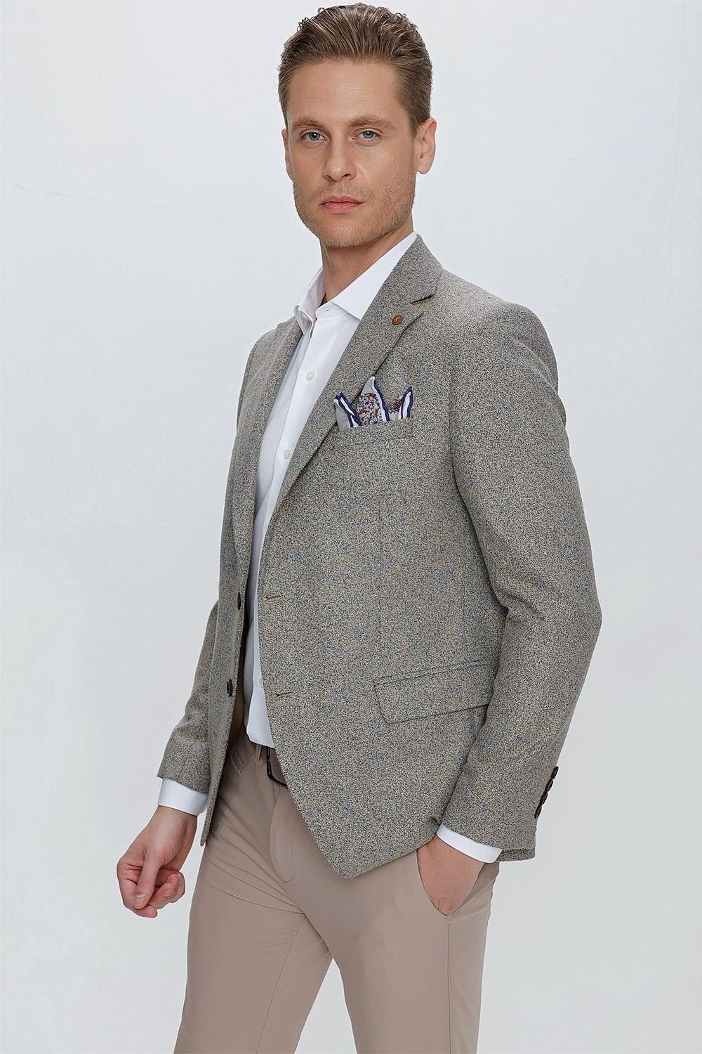Slim Fit Çift Yırtmaç Kırçıllı Dokuma Camel Blazer Ceket C 633