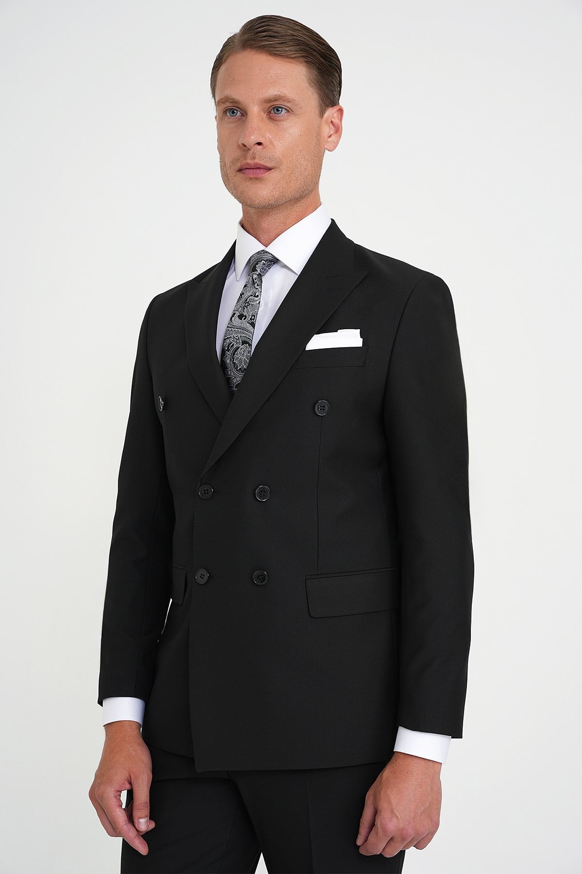 Slim Fit Çift Yırtmaç Kruvaze Klasik Siyah Takım Elbise Tk 919