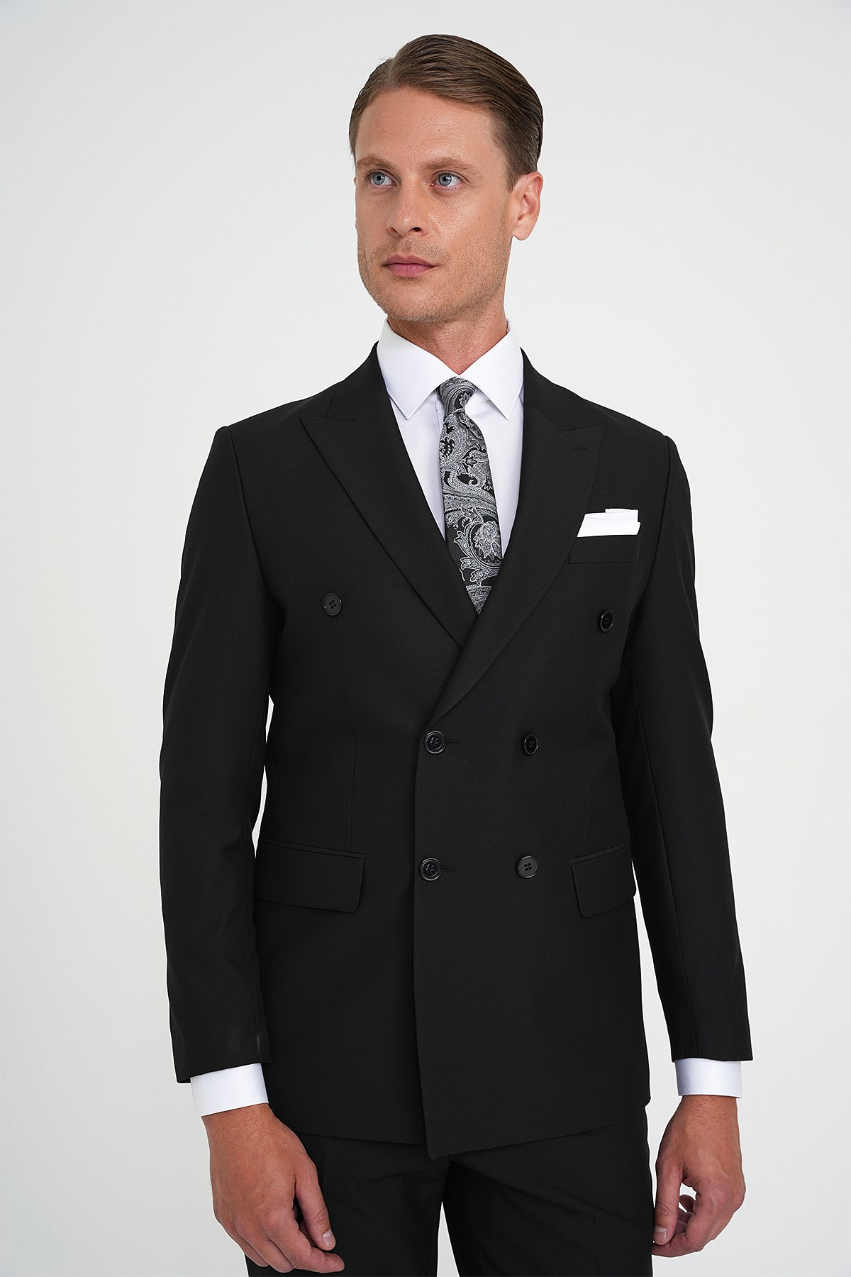 Slim Fit Çift Yırtmaç Kruvaze Klasik Siyah Takım Elbise Tk 919