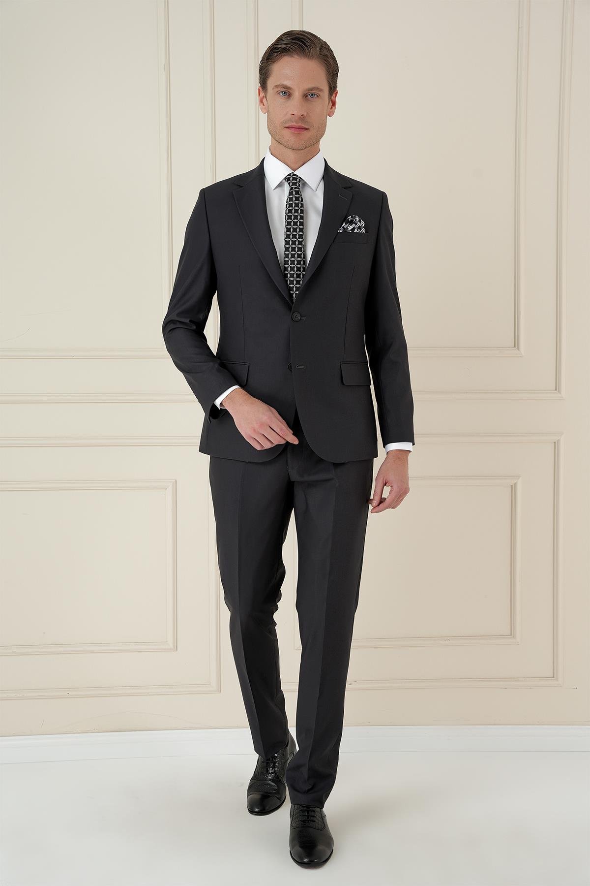 Slim Fit Çift Yırtmaç Mono Yaka Klasik Antrasit Takım Elbise Tk 912