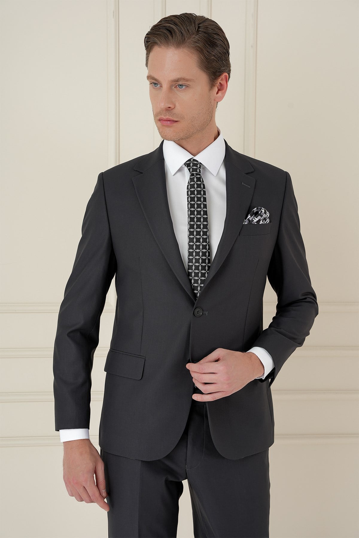 Slim Fit Çift Yırtmaç Mono Yaka Klasik Antrasit Takım Elbise Tk 912