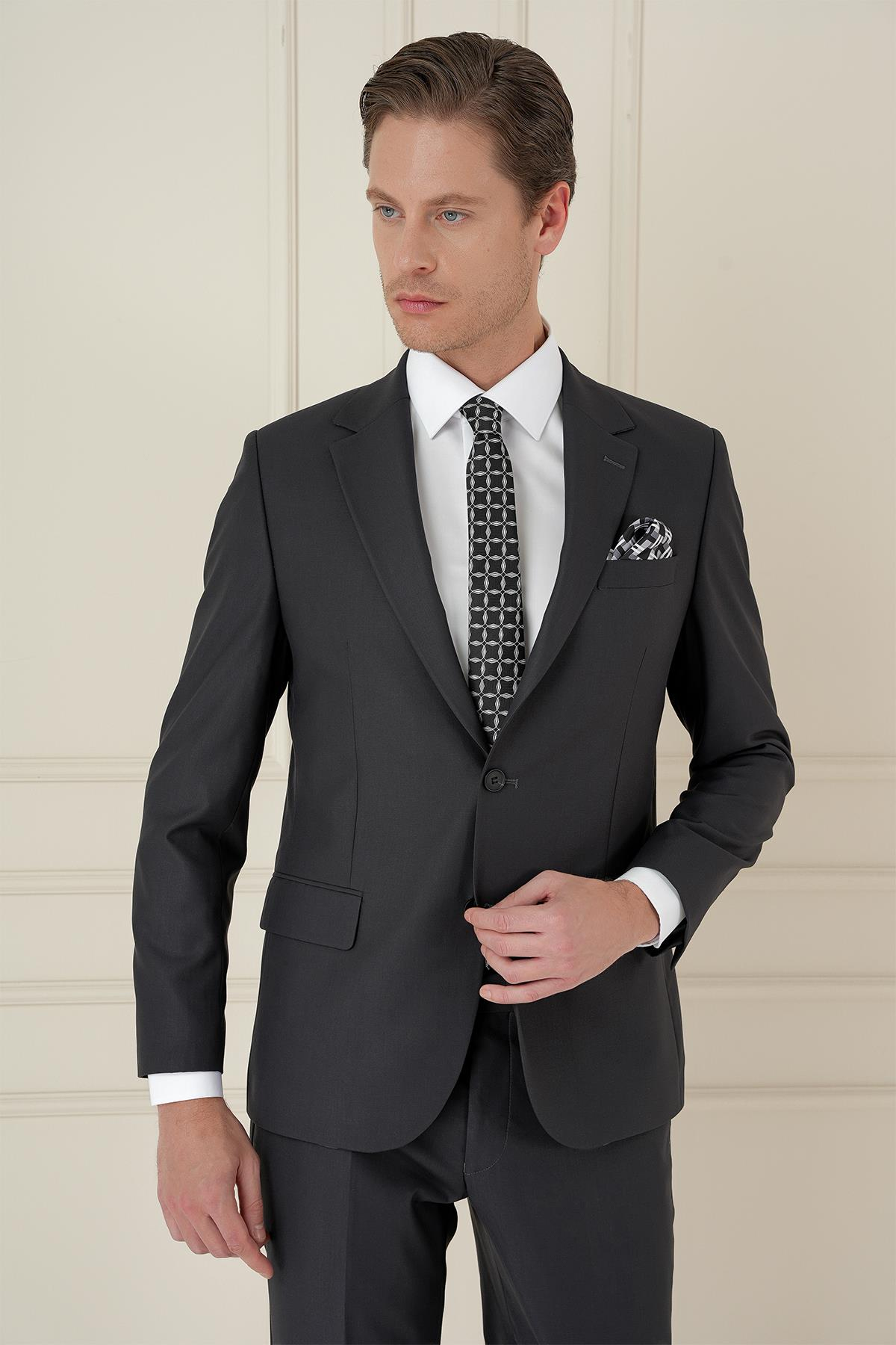 Slim Fit Çift Yırtmaç Mono Yaka Klasik Antrasit Takım Elbise Tk 912