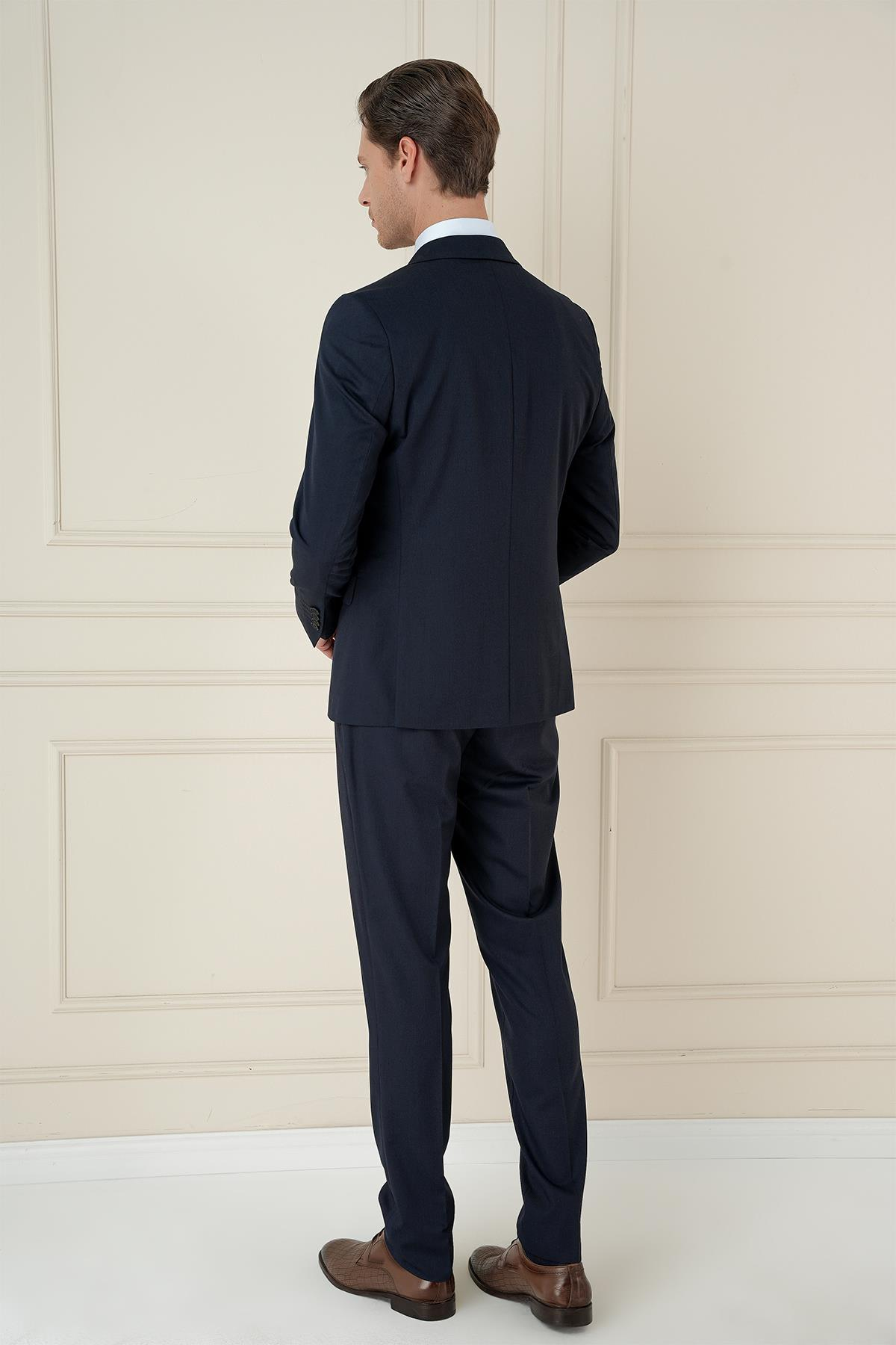 Slim Fit Çift Yırtmaç Mono Yaka Klasik Lacivert Takım Elbise Tk 912