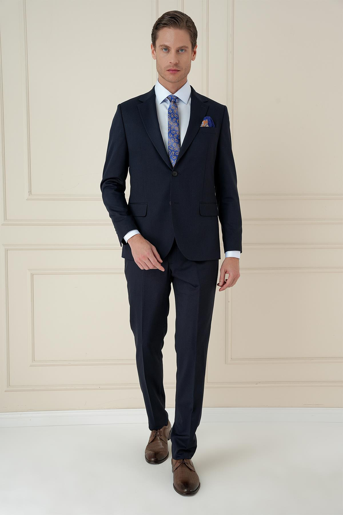 Slim Fit Çift Yırtmaç Mono Yaka Klasik Lacivert Takım Elbise Tk 912