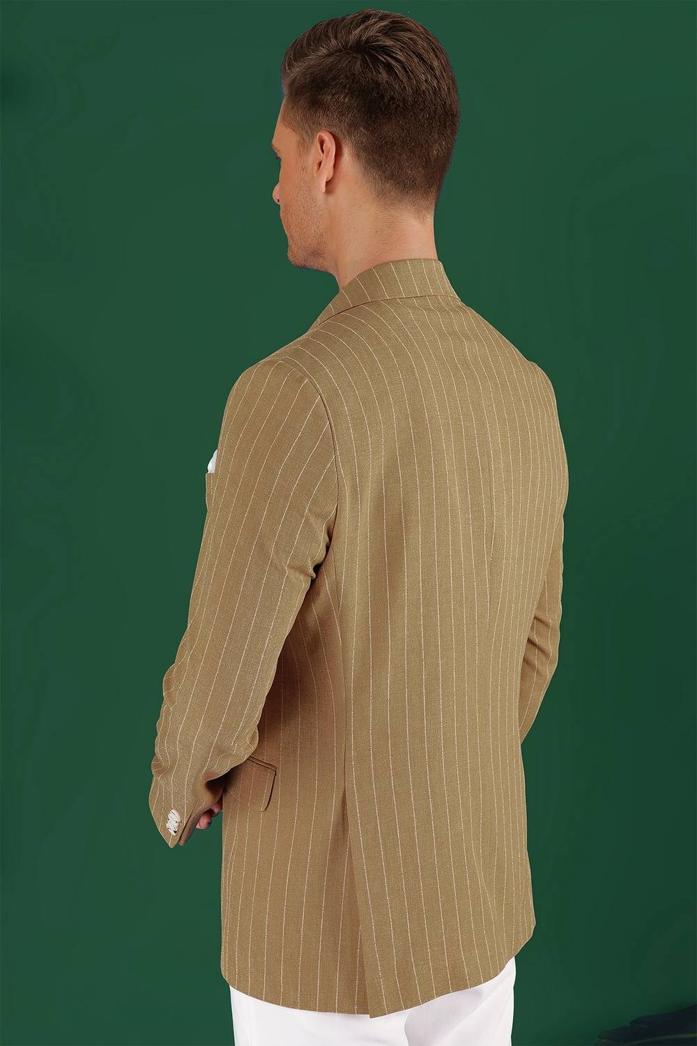Slim Fit Çift Yırtmaç Pamuklu Çizgili Kruvaze Camel Ceket C 644