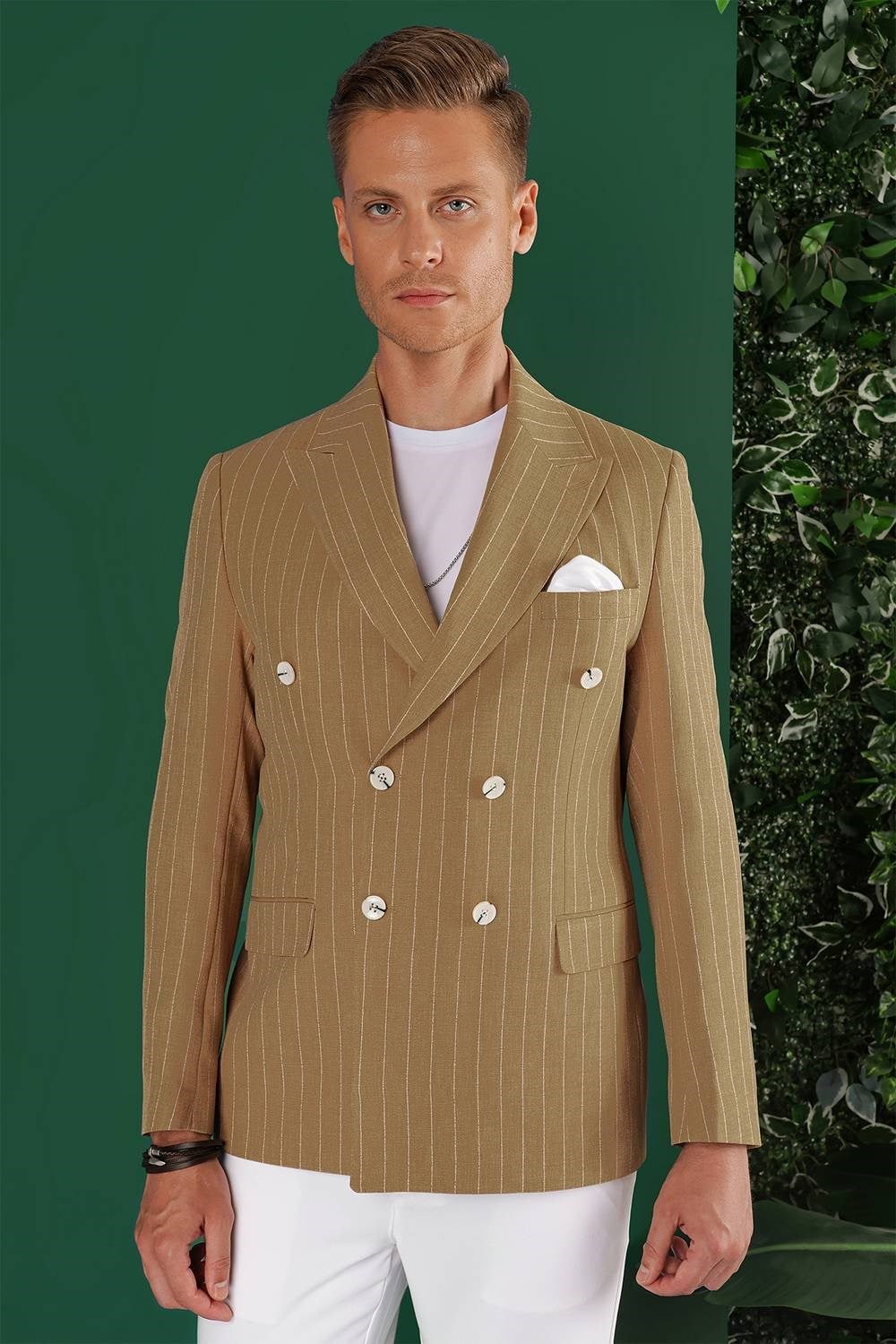 Slim Fit Çift Yırtmaç Pamuklu Çizgili Kruvaze Camel Ceket C 644