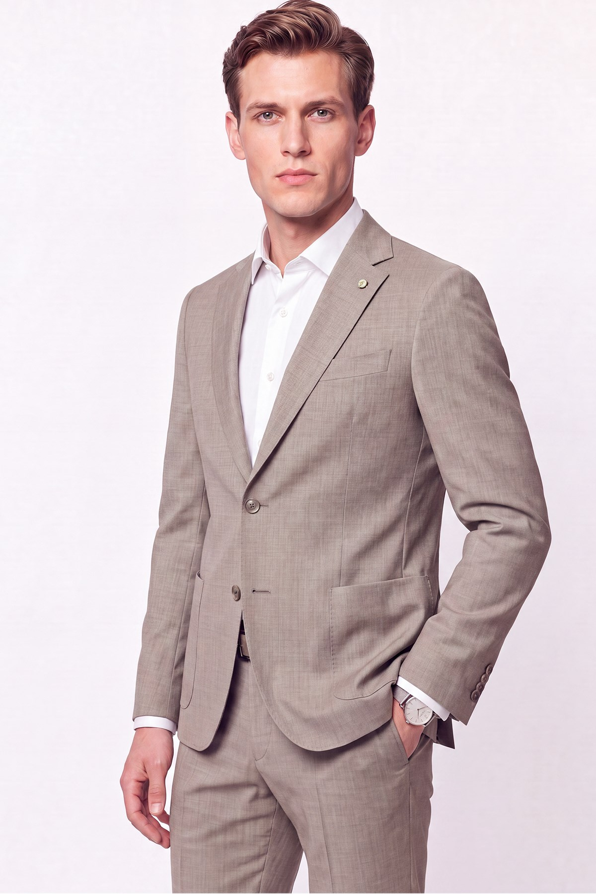 Slim Fit Çift Yırtmaç Torba Cep Esnek Yünlü Bej Takım Elbise TK 951