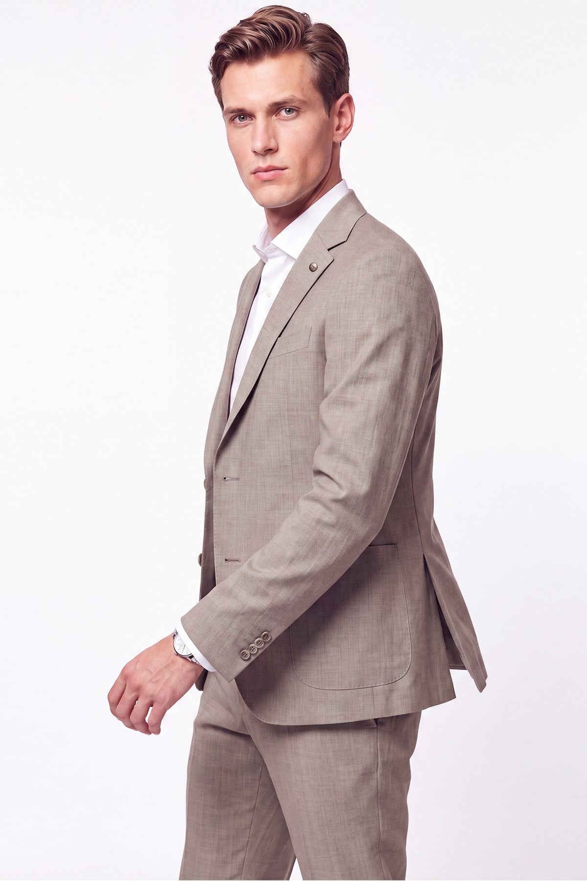 Slim Fit Çift Yırtmaç Torba Cep Esnek Yünlü Bej Takım Elbise TK 951