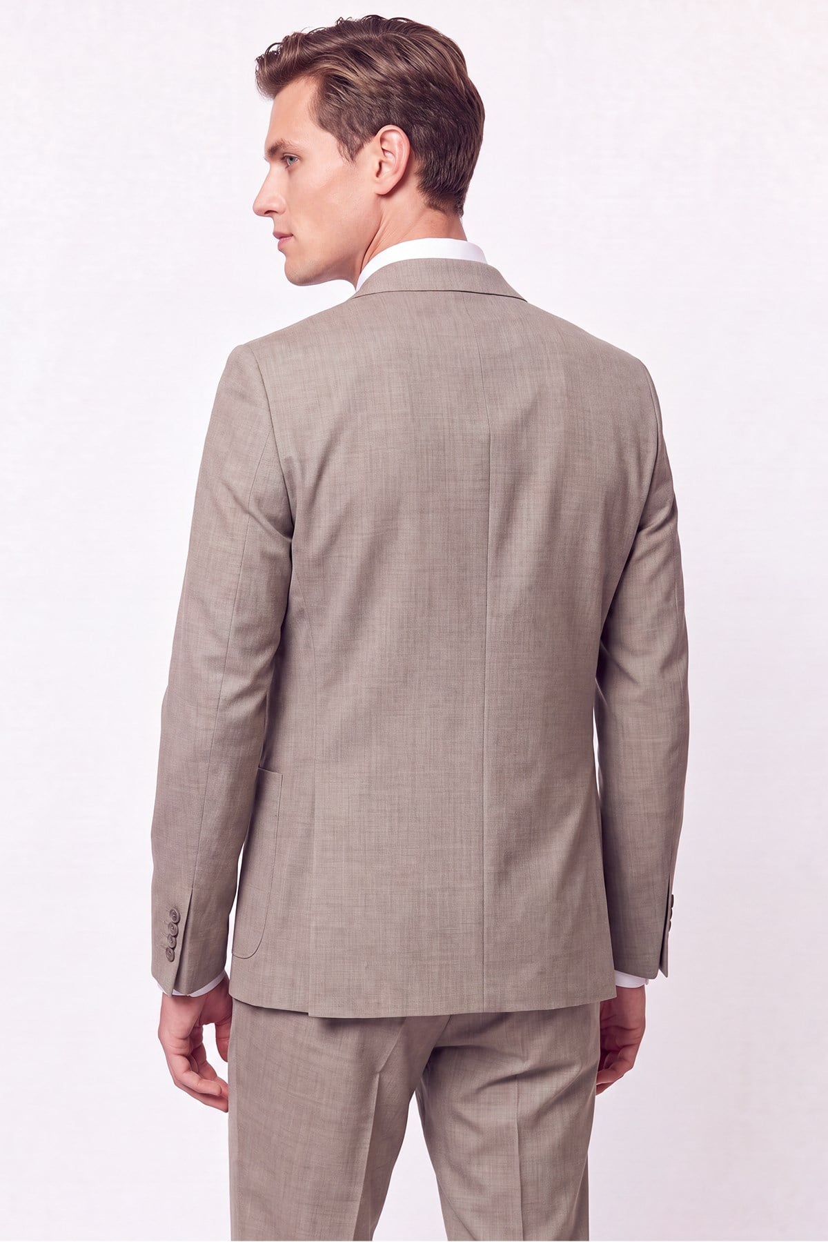Slim Fit Çift Yırtmaç Torba Cep Esnek Yünlü Bej Takım Elbise TK 951