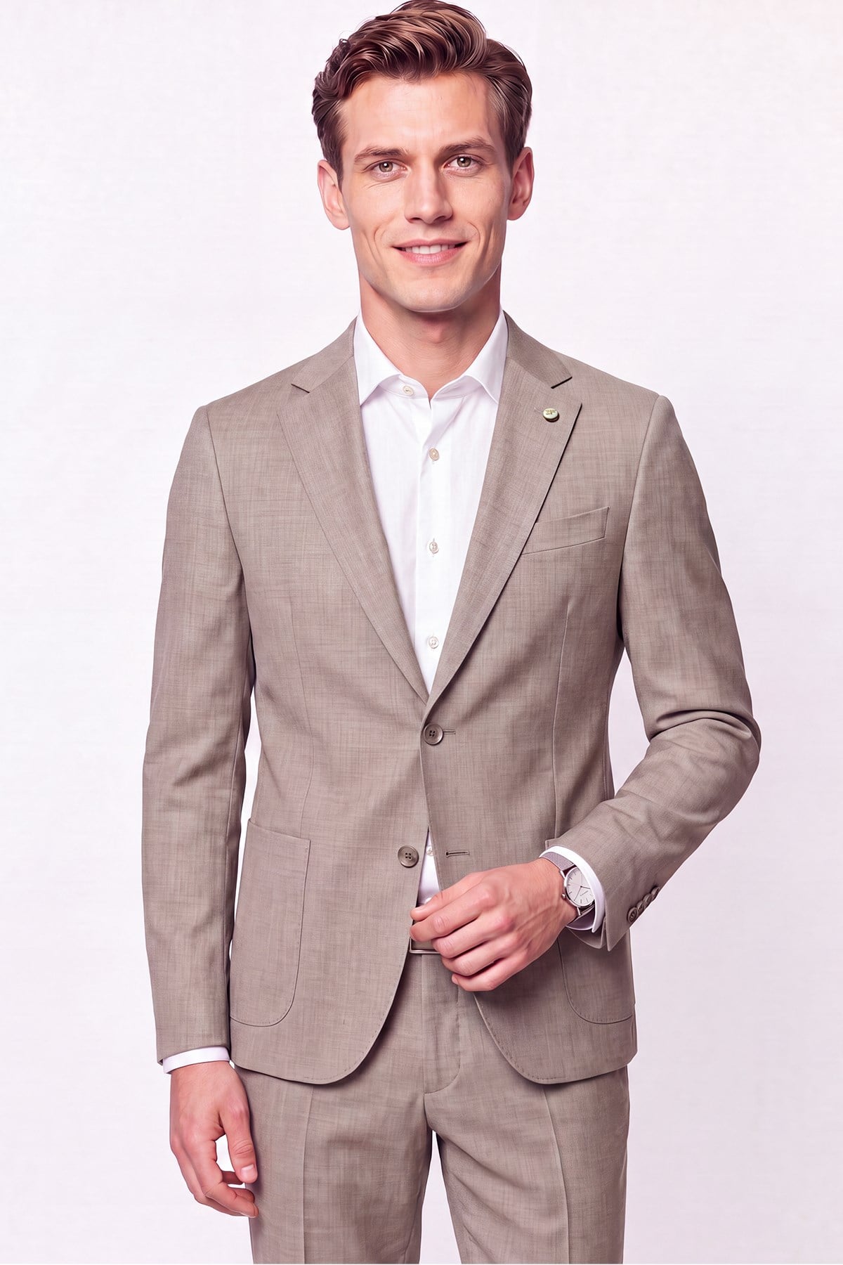 Slim Fit Çift Yırtmaç Torba Cep Esnek Yünlü Bej Takım Elbise TK 951