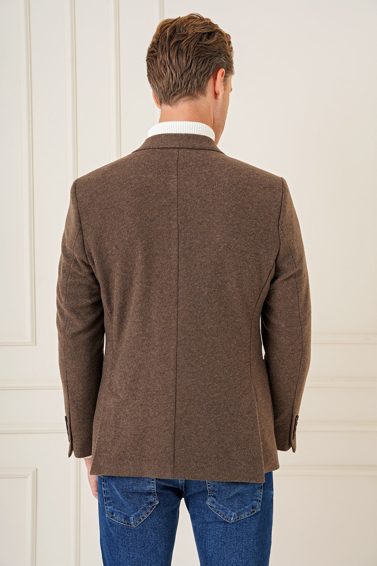 Slim Fit Çift Yırtmaç Torba Cepli %100 Yün Kahverengi Ceket C 689