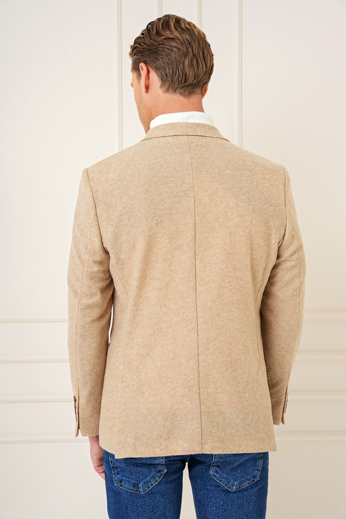Slim Fit Çift Yırtmaç Torba Cepli %100 Yün Bej Ceket C 689