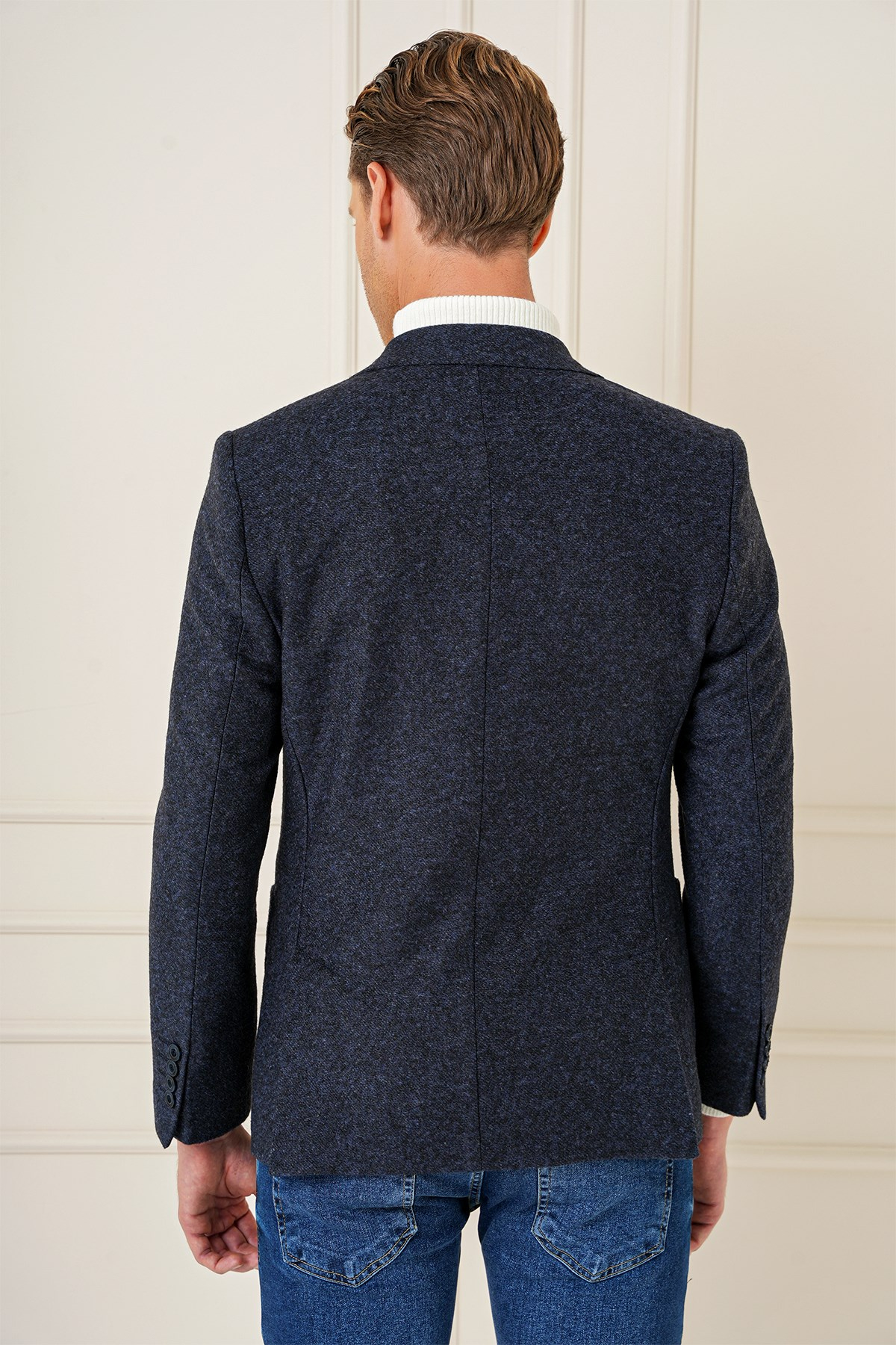 Slim Fit Çift Yırtmaç Torba Cepli %100 Yün Lacivert Ceket C 689