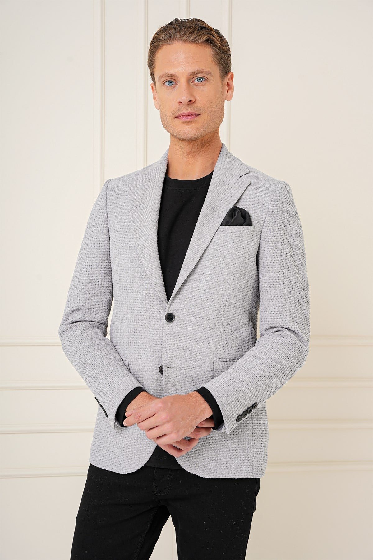 Slim Fit Çift Yırtmaç Yünlü Buklet Dokuma Gri Ceket C 686