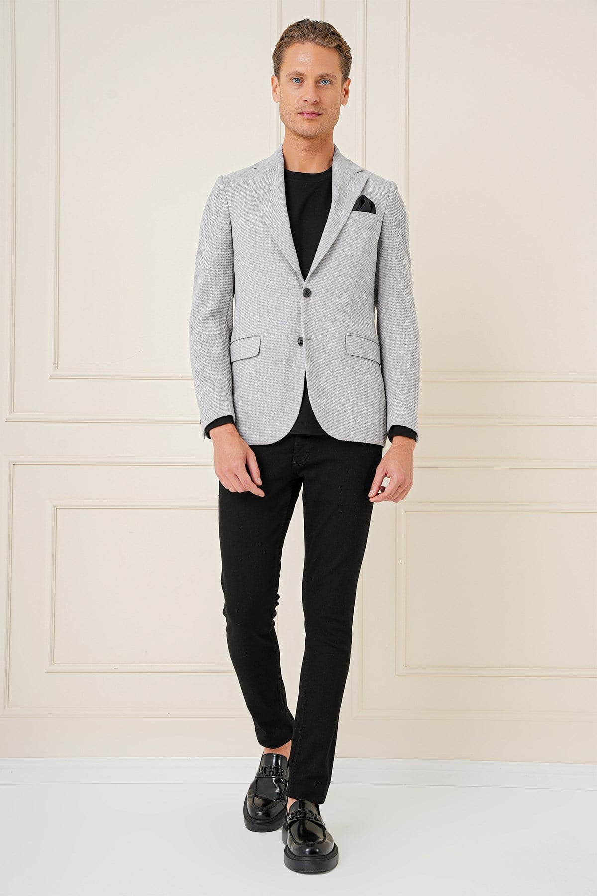 Slim Fit Çift Yırtmaç Yünlü Buklet Dokuma Gri Ceket C 686