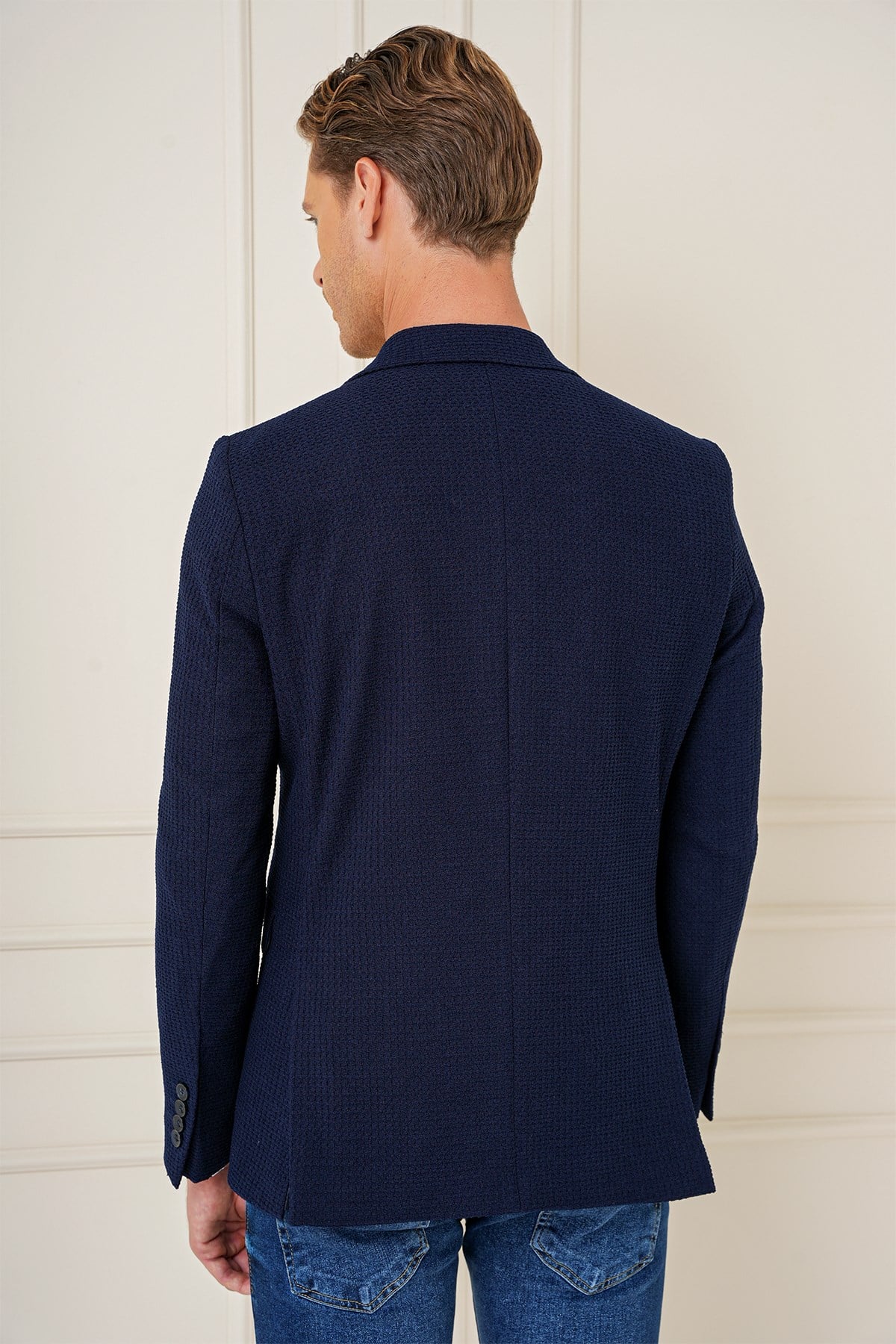 Slim Fit Çift Yırtmaç Yünlü Buklet Dokuma Lacivert Ceket C 686