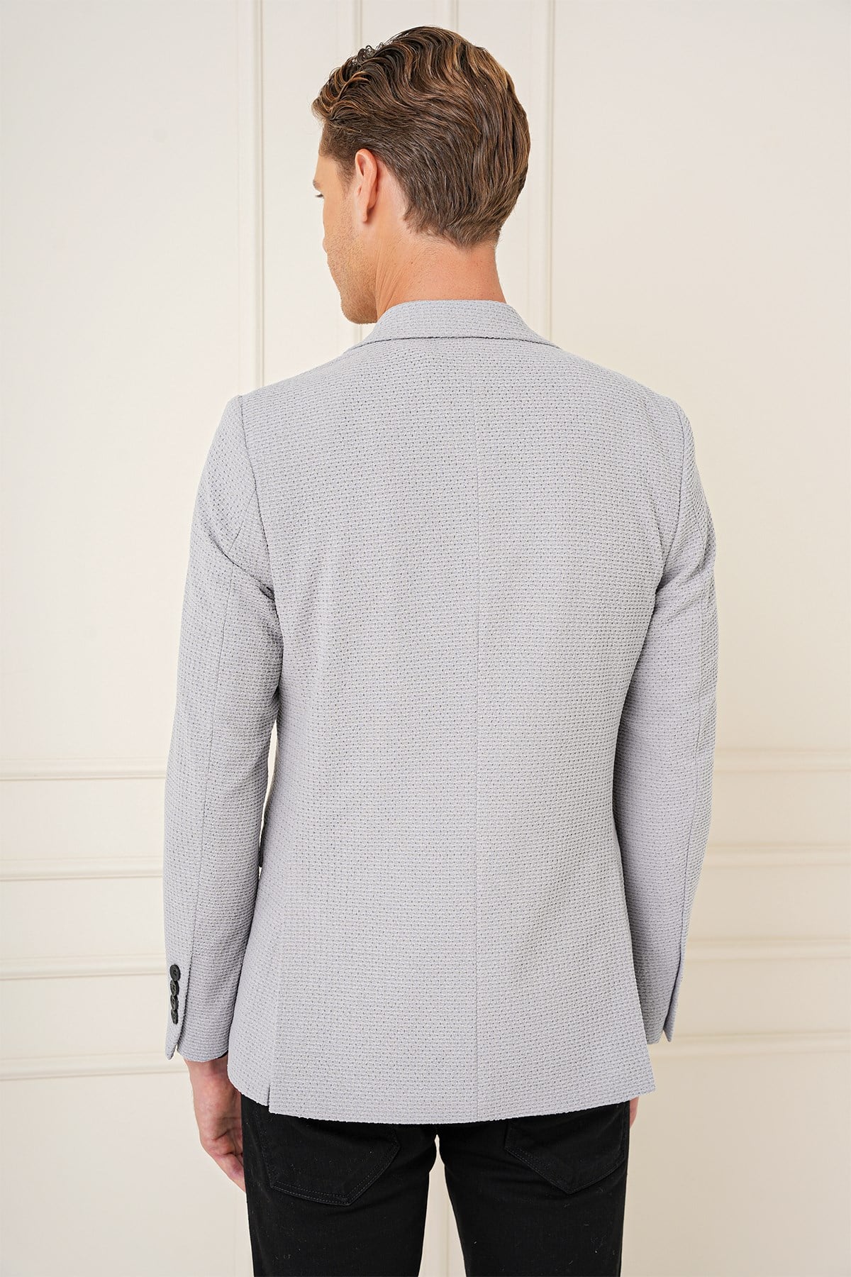 Slim Fit Çift Yırtmaç Yünlü Buklet Dokuma Gri Ceket C 686