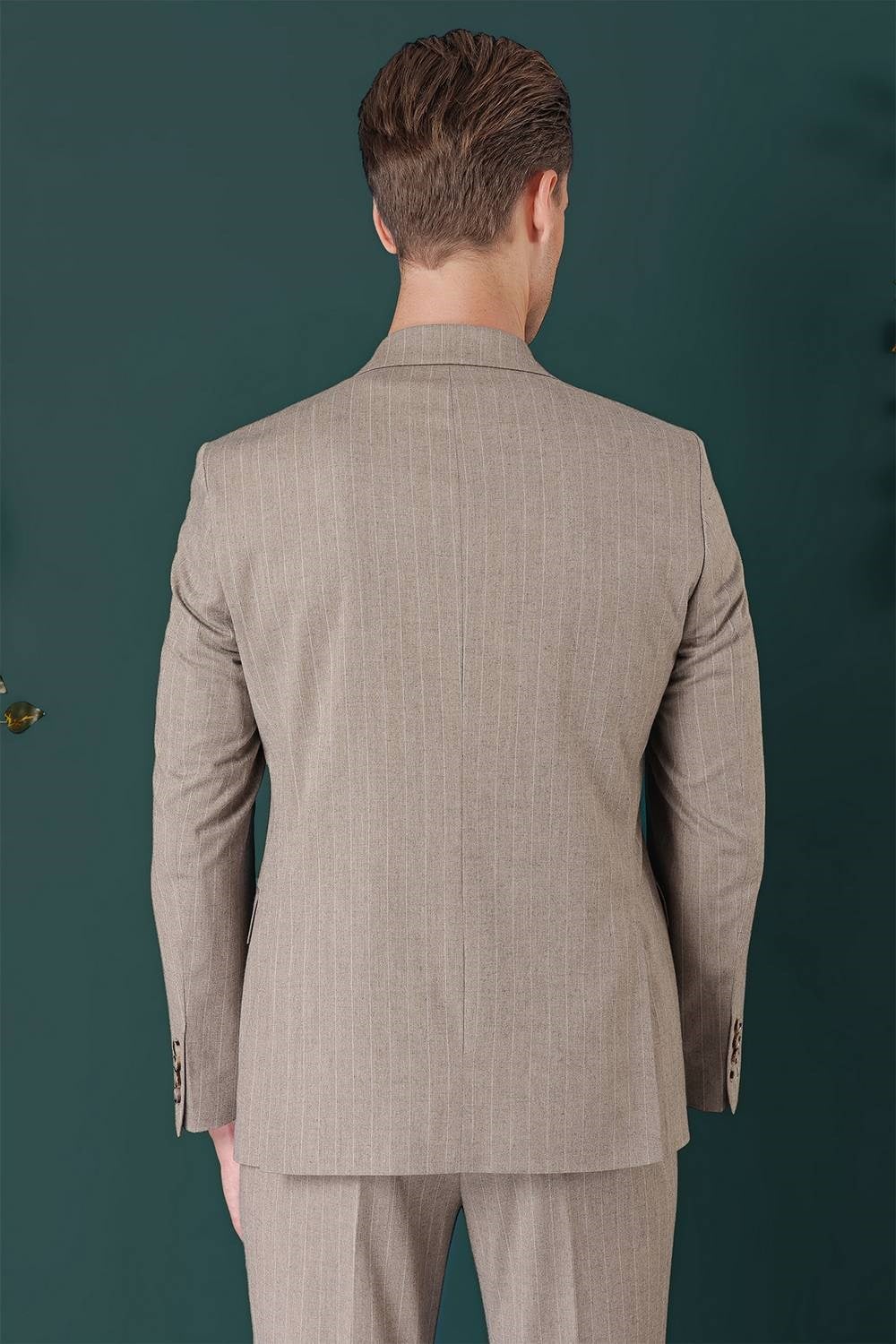 Slim Fit Çift Yırtmaç Yünlü Çizgili Bej Ceket C 652