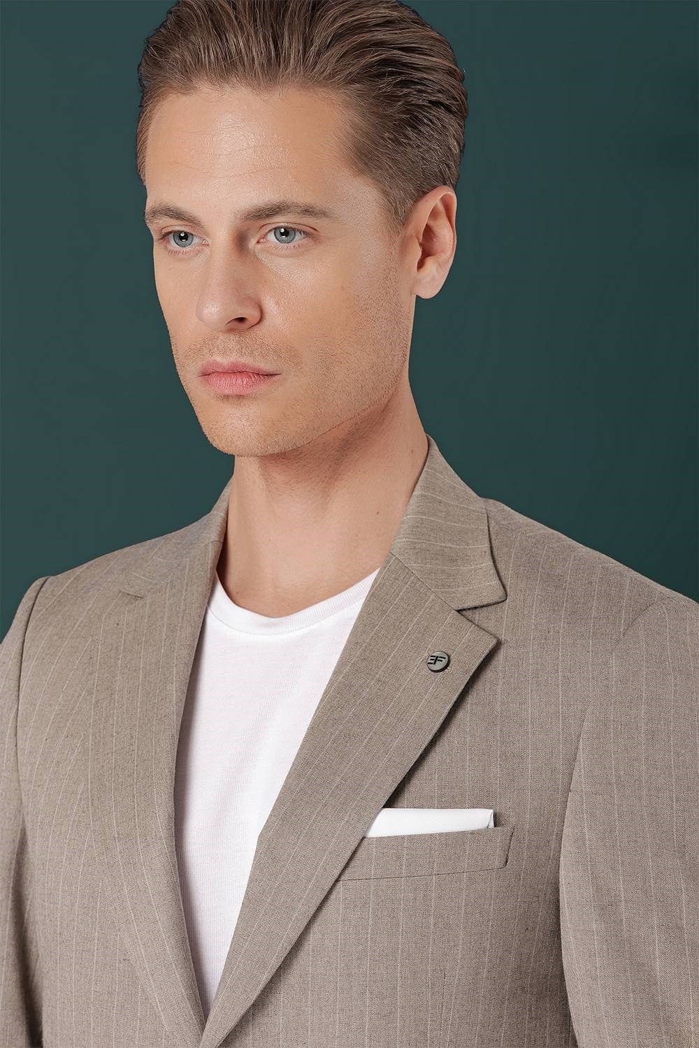 Slim Fit Çift Yırtmaç Yünlü Çizgili Bej Ceket C 652