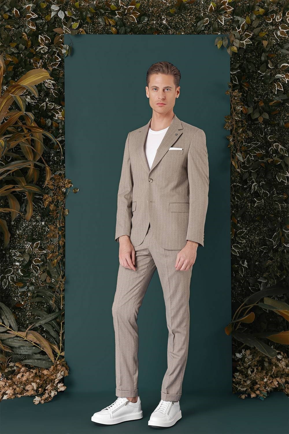 Slim Fit Çift Yırtmaç Yünlü Çizgili Bej Ceket C 652
