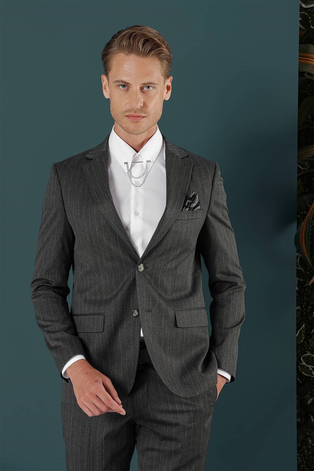 Slim Fit Çift Yırtmaç Yünlü Çizgili Füme Ceket C 652