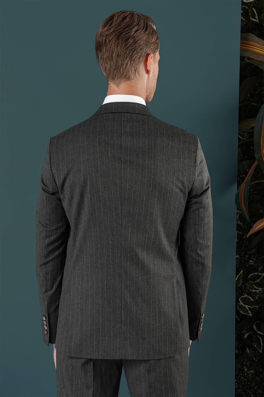 Slim Fit Çift Yırtmaç Yünlü Çizgili Füme Ceket C 652