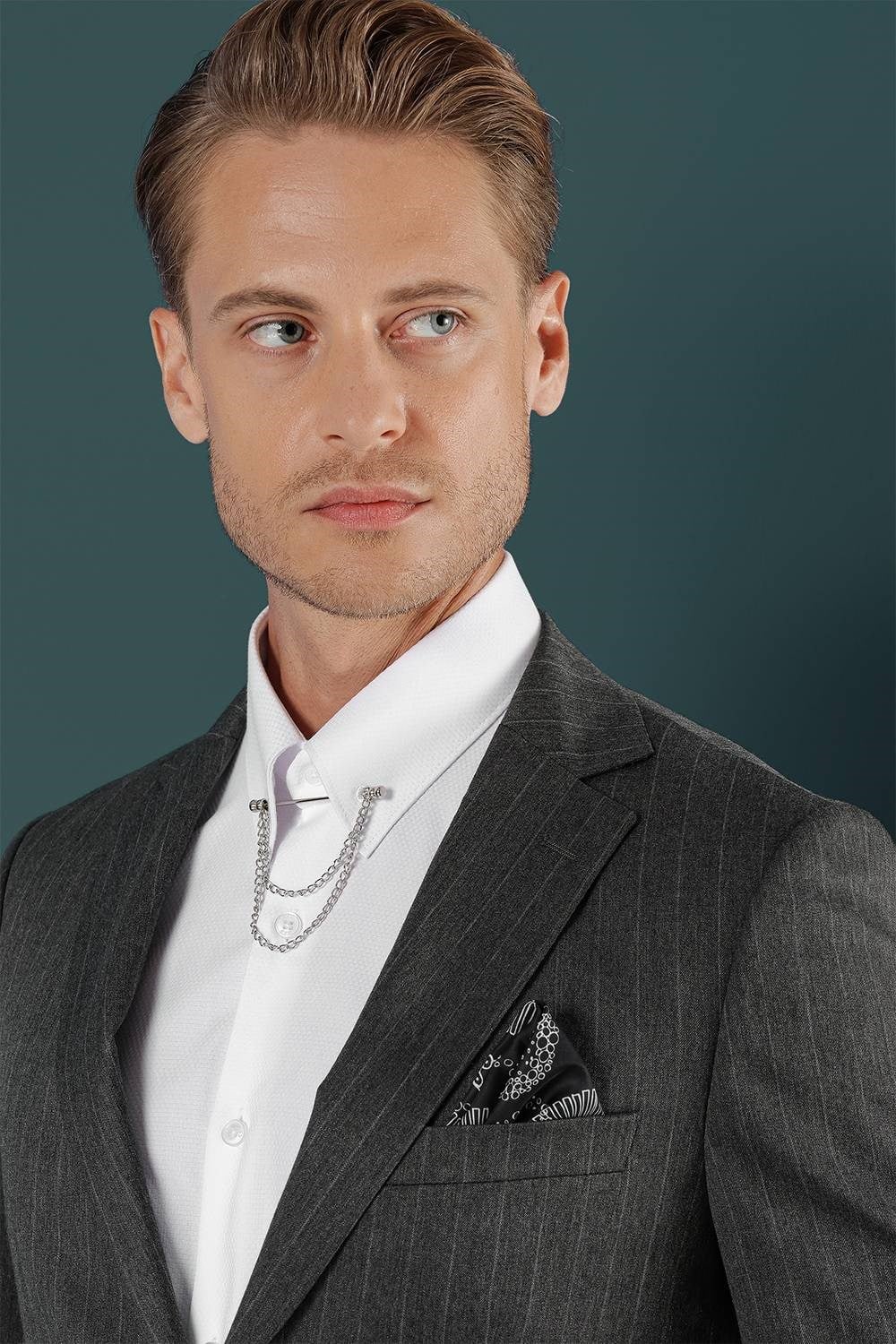 Slim Fit Çift Yırtmaç Yünlü Çizgili Füme Ceket C 652
