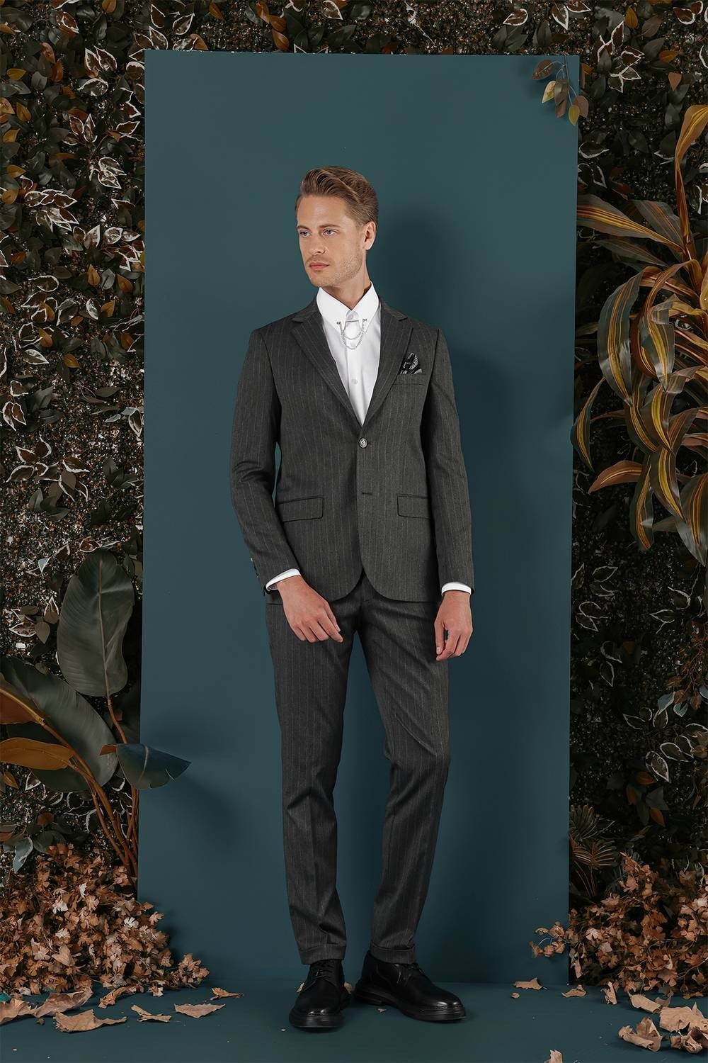 Slim Fit Çift Yırtmaç Yünlü Çizgili Füme Ceket C 652