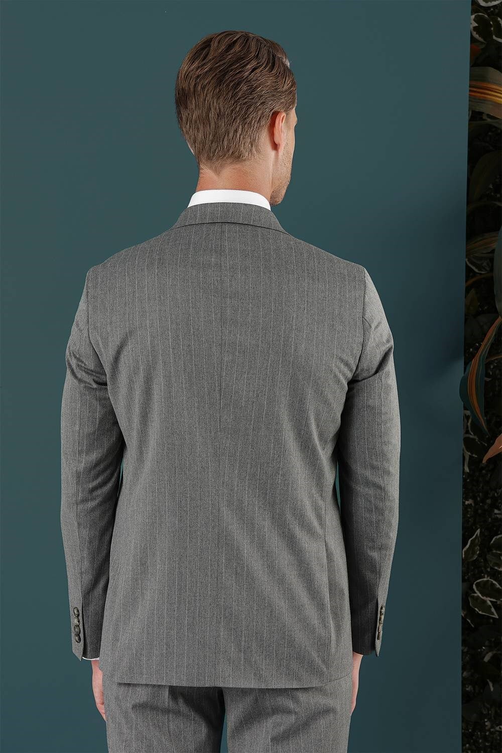 Slim Fit Çift Yırtmaç Yünlü Çizgili Gri Ceket C 652