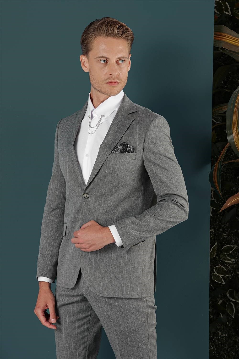 Slim Fit Çift Yırtmaç Yünlü Çizgili Gri Ceket C 652
