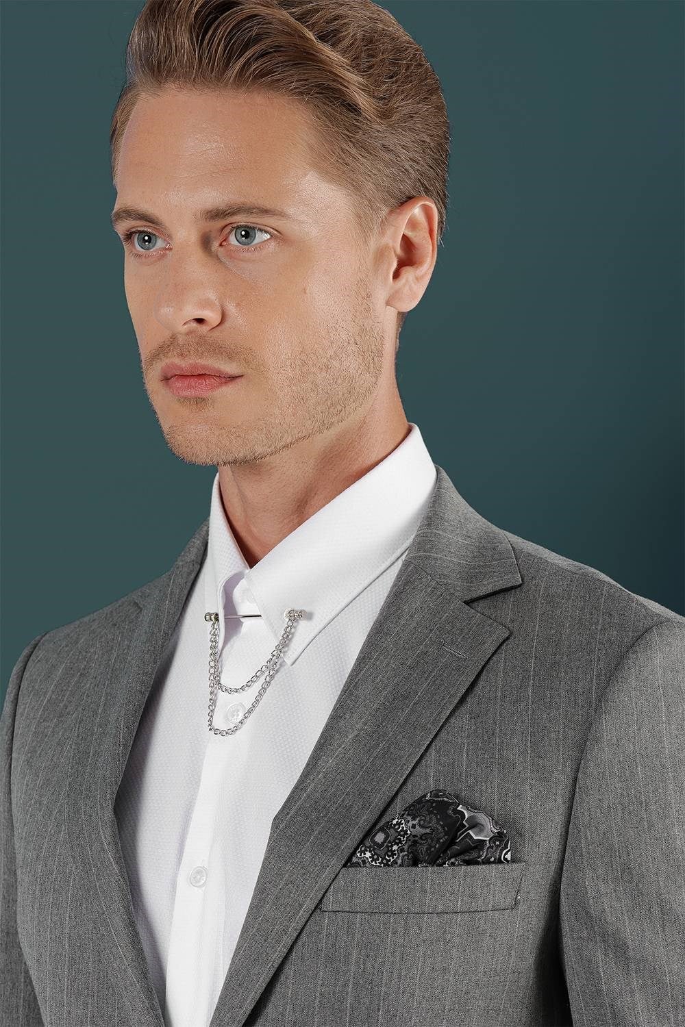 Slim Fit Çift Yırtmaç Yünlü Çizgili Gri Ceket C 652